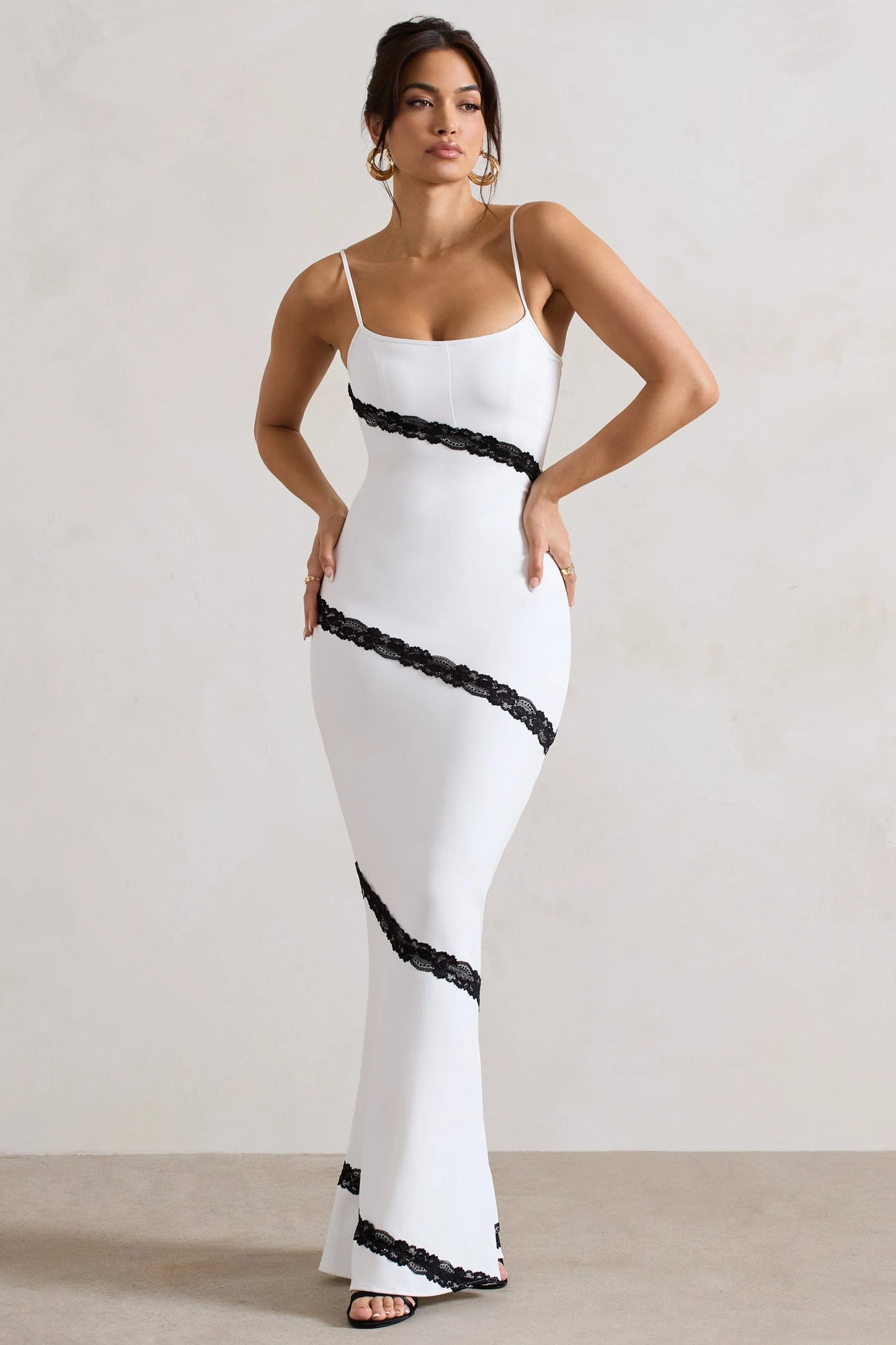 Elizabeth | White & Black Strappy Lace-Trimmed Maxi Dress