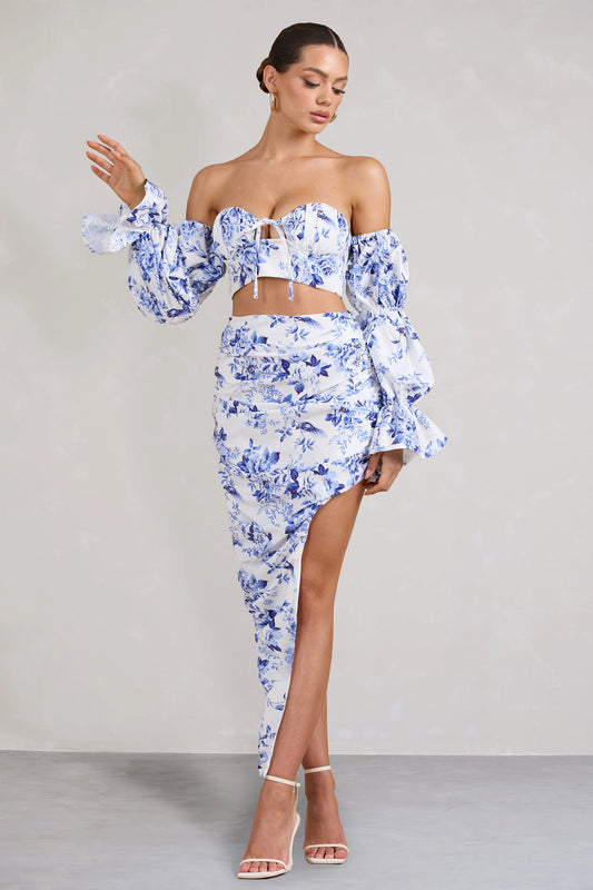 Holiday | Blue Floral Ruched Asymmetric Maxi Skirt