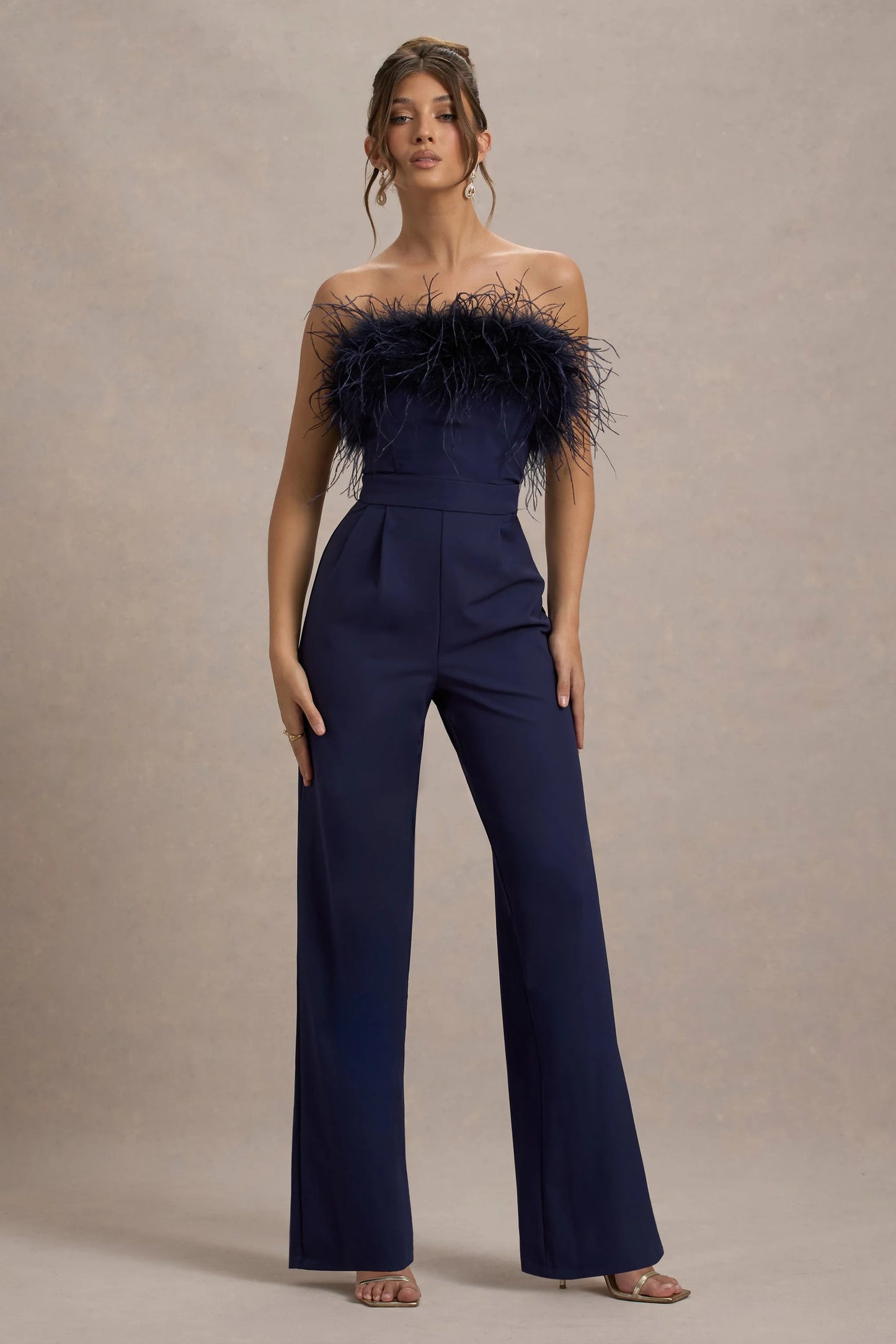 First Class | Navy Bandeau Feather Wide Leg Jumpsuit