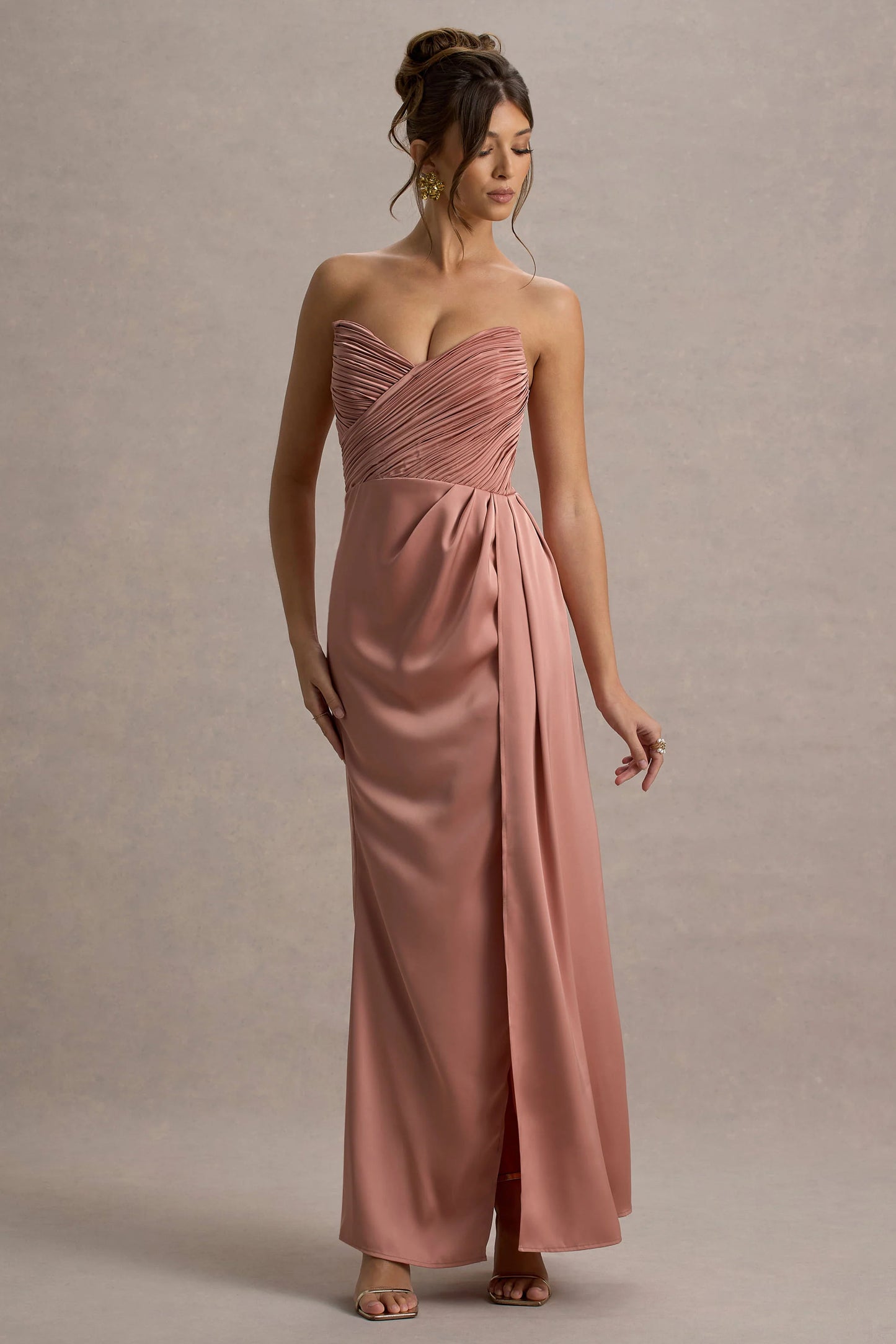 Edel | Pink Satin Strapless Maxi Dress With Drape