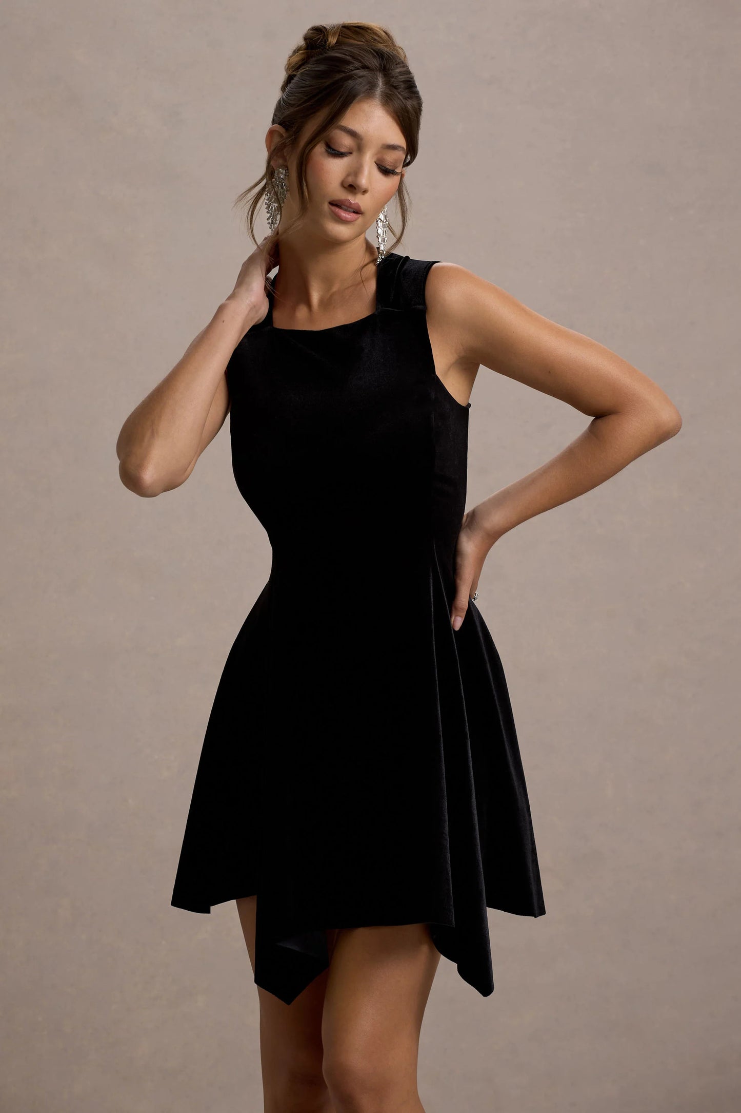 Baker | Black Velvet Draped-Hem Mini Dress