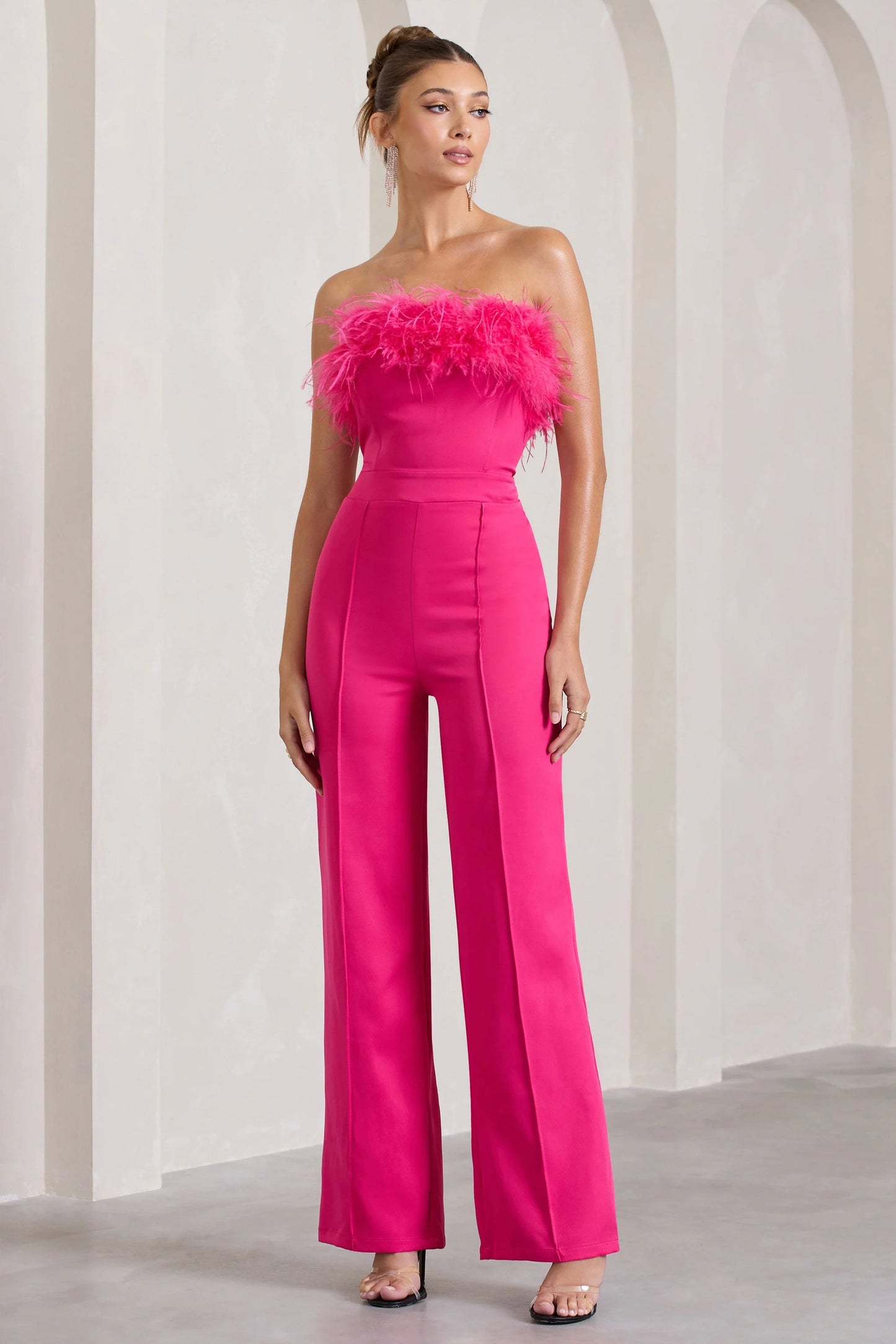 First Class | Hot Pink Bandeau Feather Wide Leg Jumpsuit