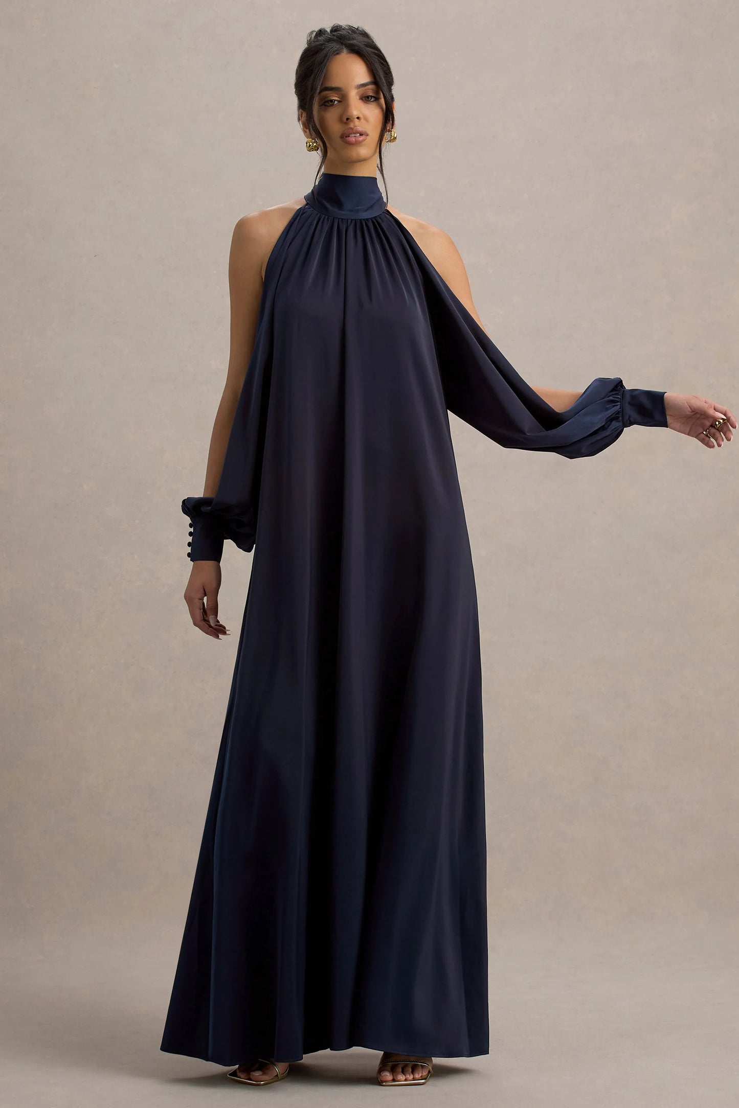 Baila | Navy Satin High-Neck Cape-Sleeve Maxi Dress