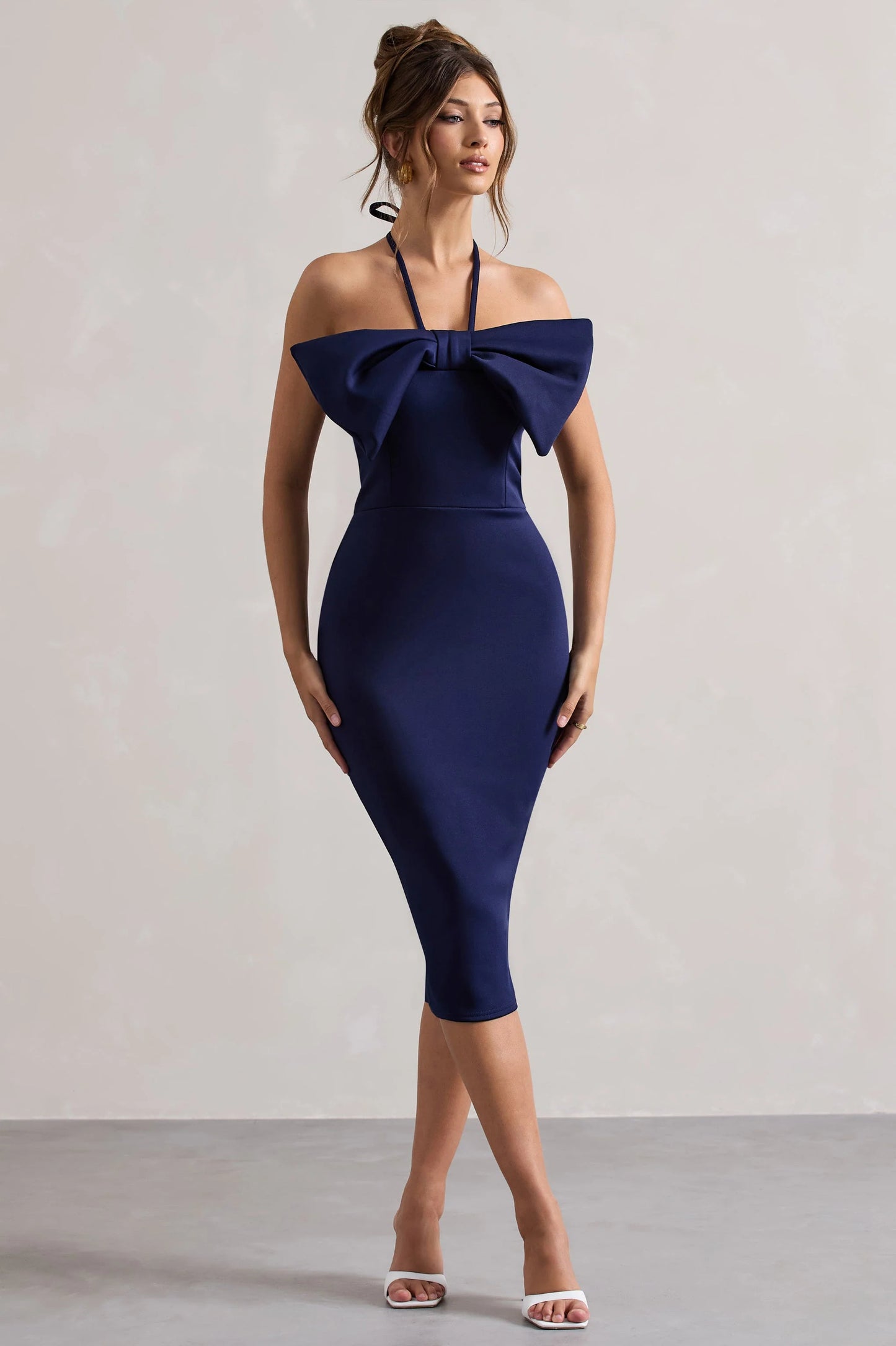 Carly | Navy Halter-Neck Midi Dress With Bow