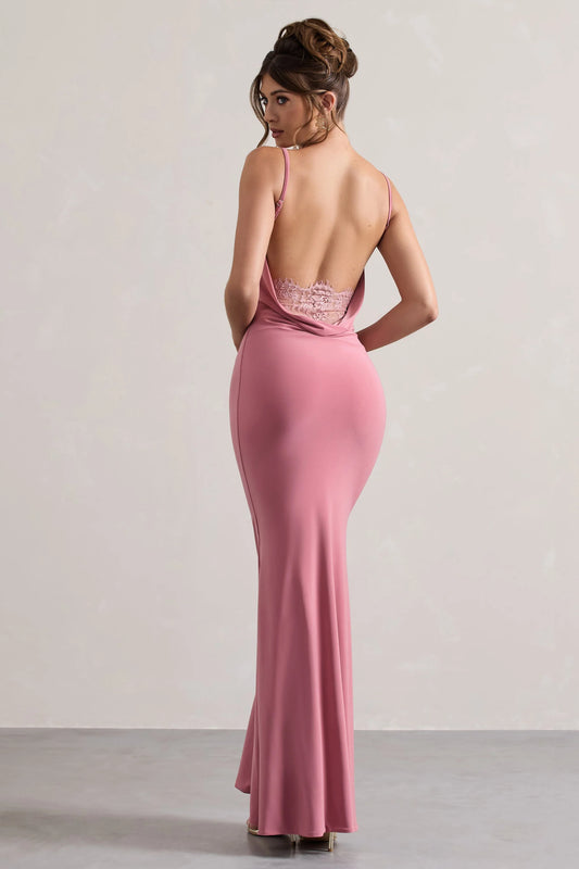 Francoise | Blush Cowl Neck Backless Maxi Dress With Lace Insert