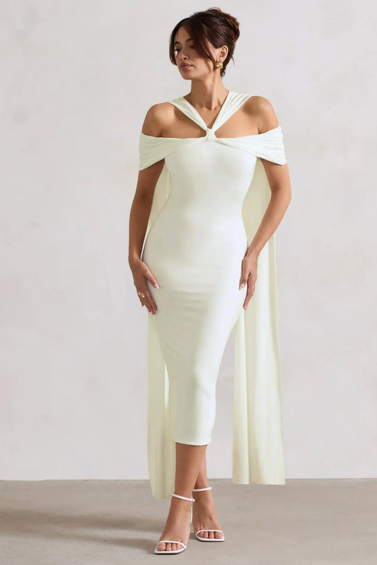 Galia | White Strappy Midi Dress With Drape