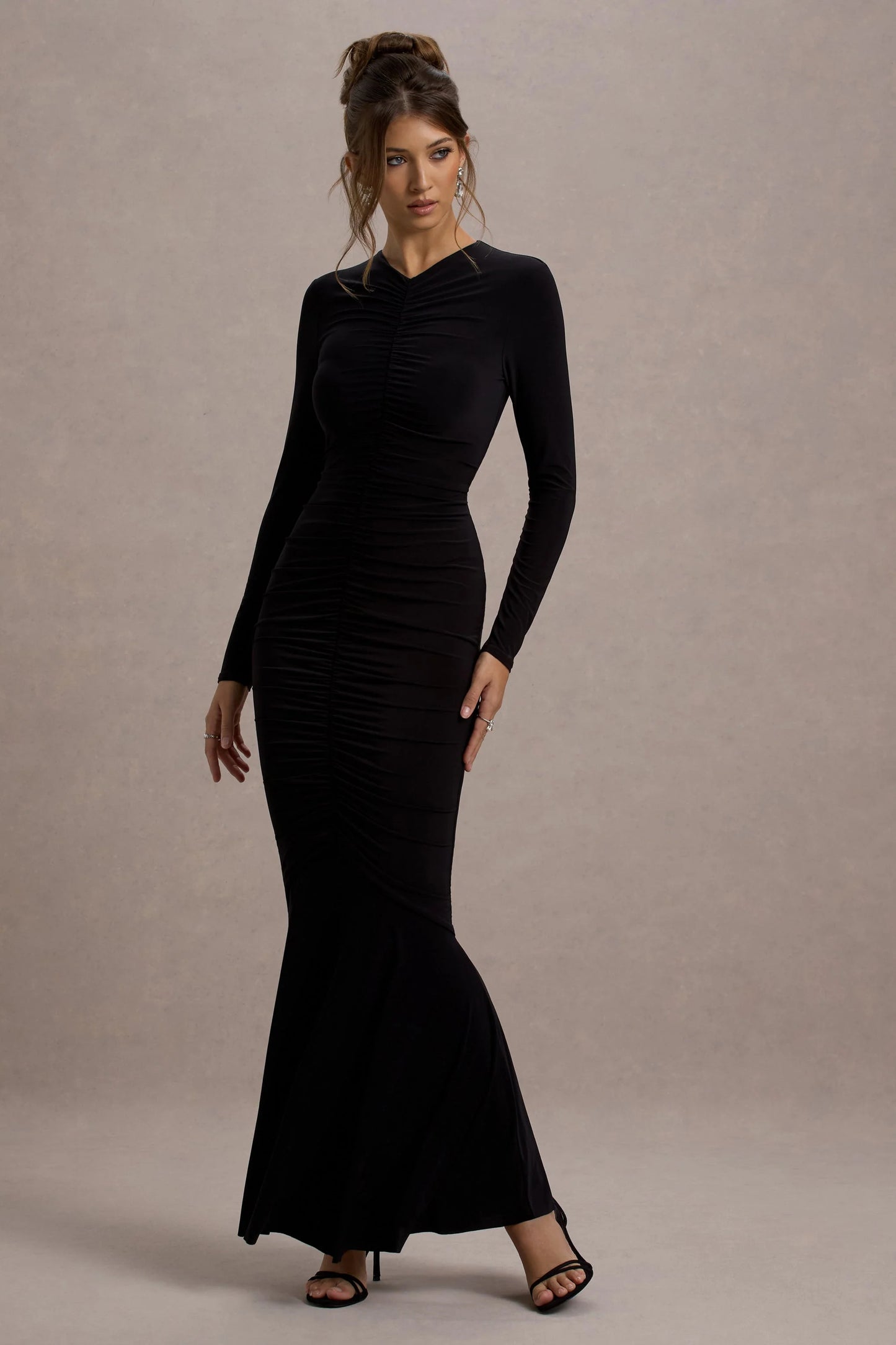 Kalilah | Black Long-Sleeve Ruched  Maxi Dress