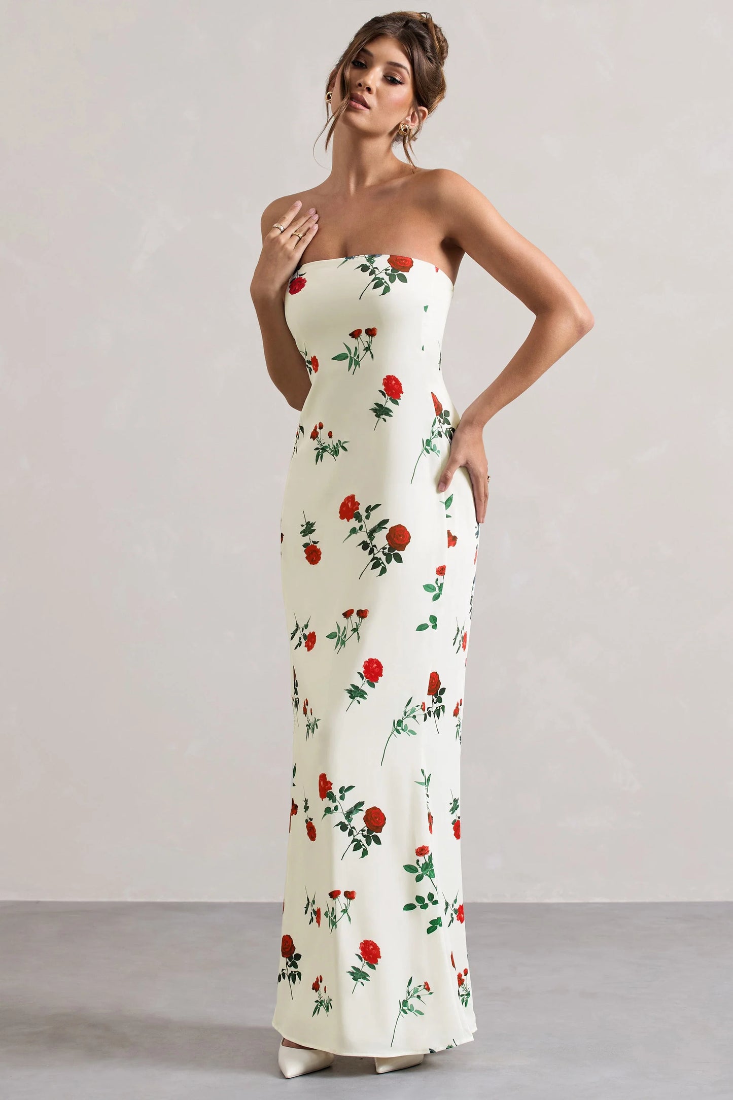 Azra | Rose Print Satin Bandeau Maxi Dress