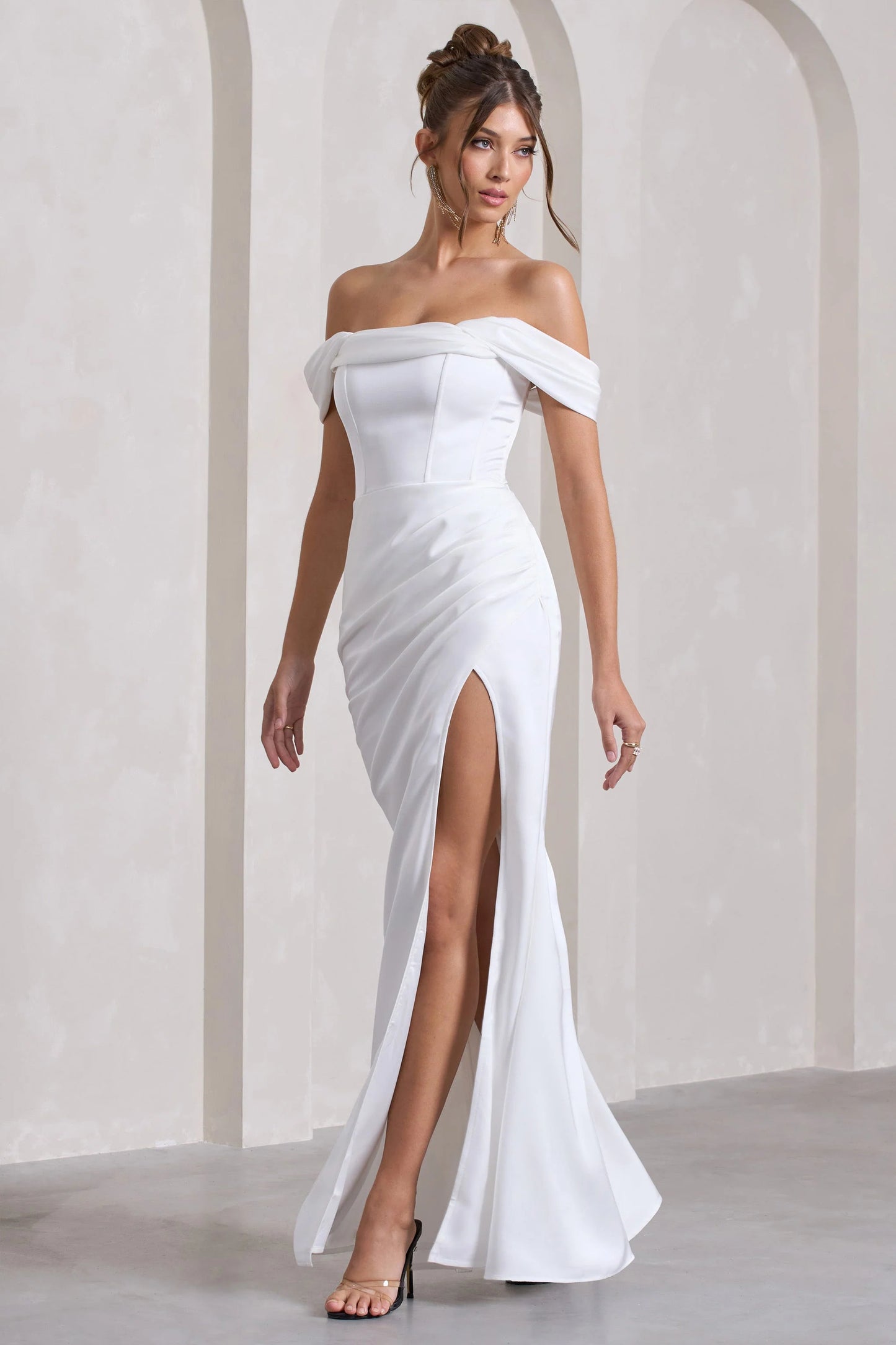 Kimberly | White Bardot  Satin Maxi Dress