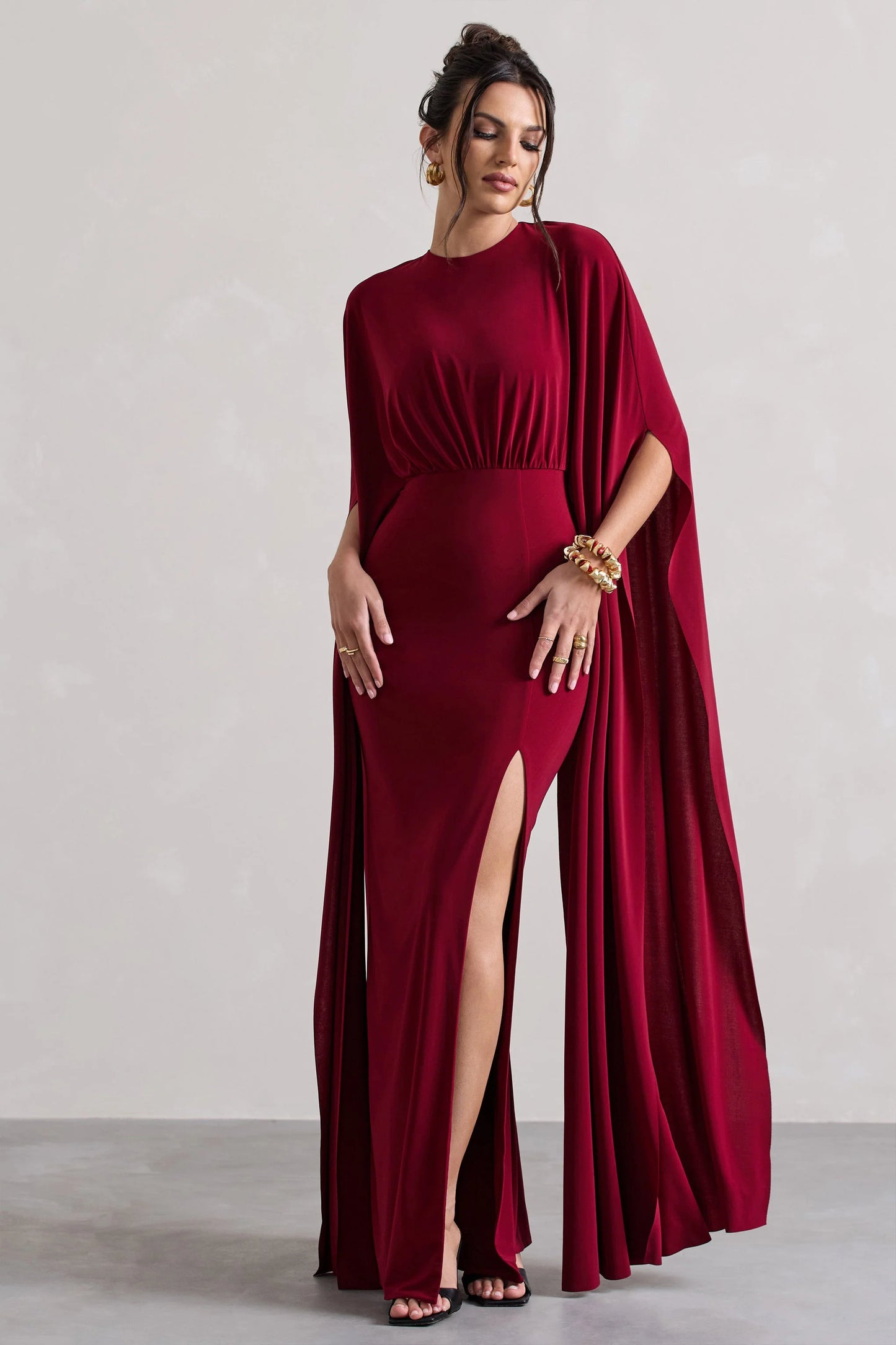 Ilaria | Berry Cape Sleeve Split Maxi Dress