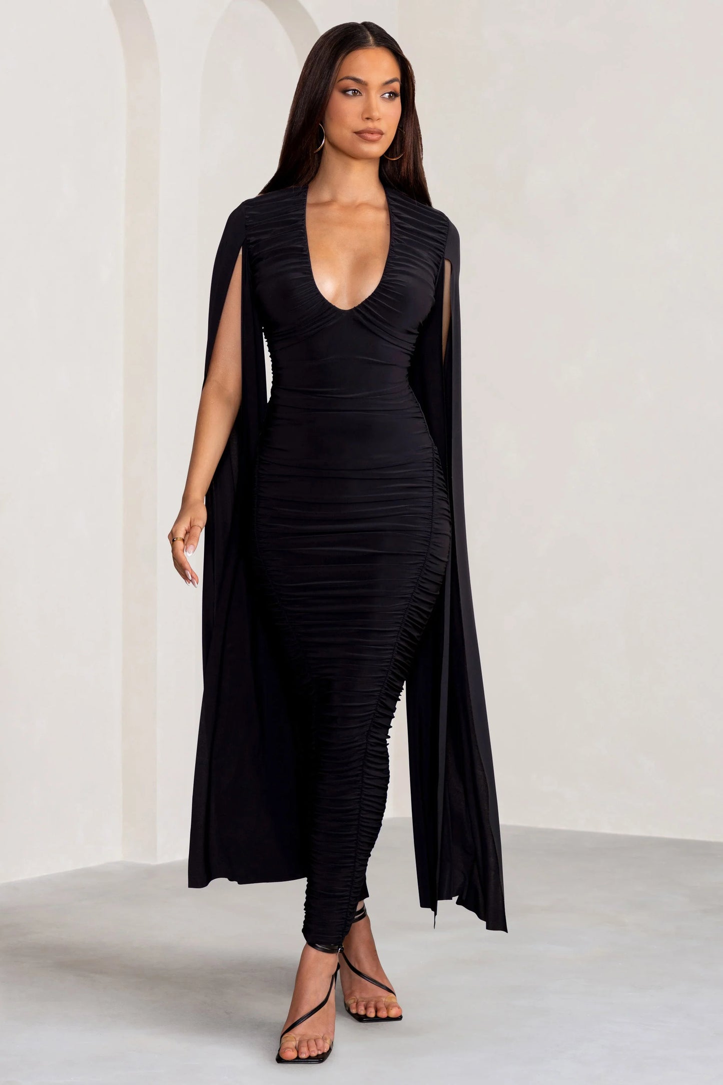 Georgiana | Black Plunge Ruched Maxi Dress with Cape Sleeves