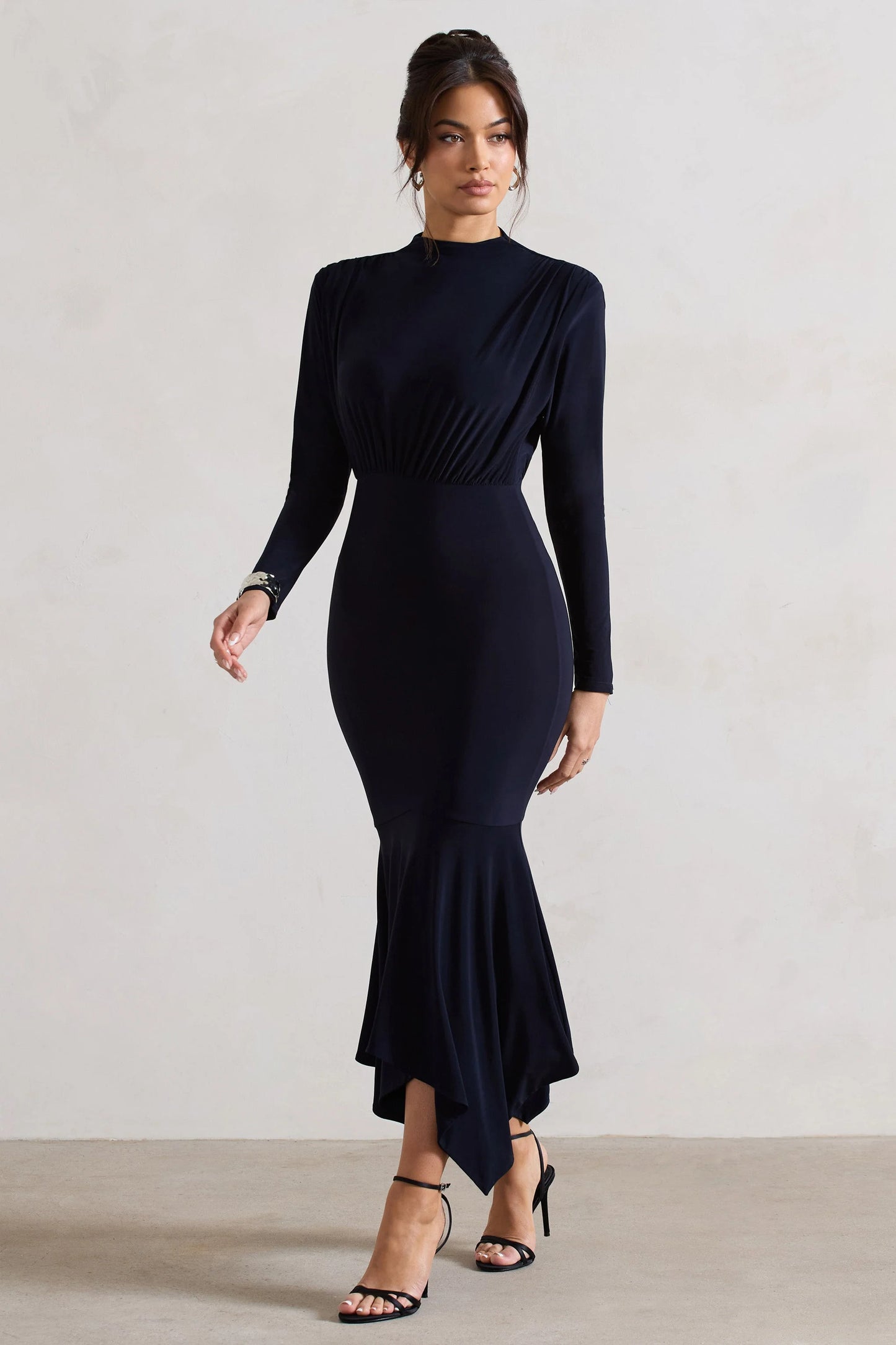 Carla | Navy High-Neck Midi Dress With Draped Hem