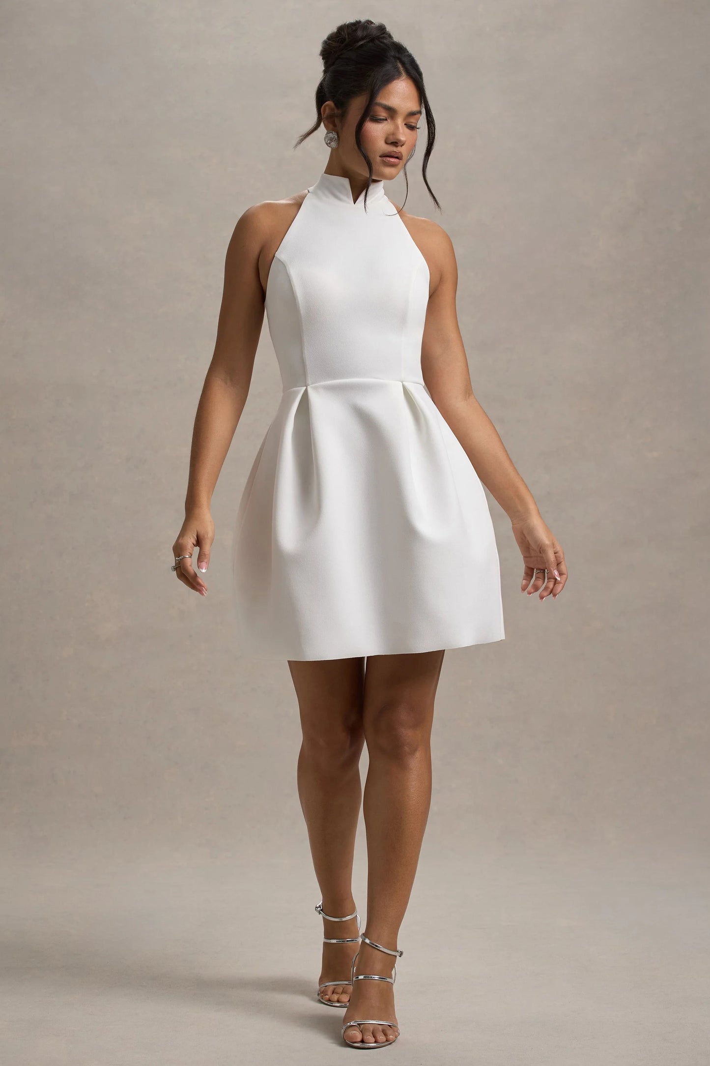 Dottie | White High-Neck Mini Dress With Pleated Skirt