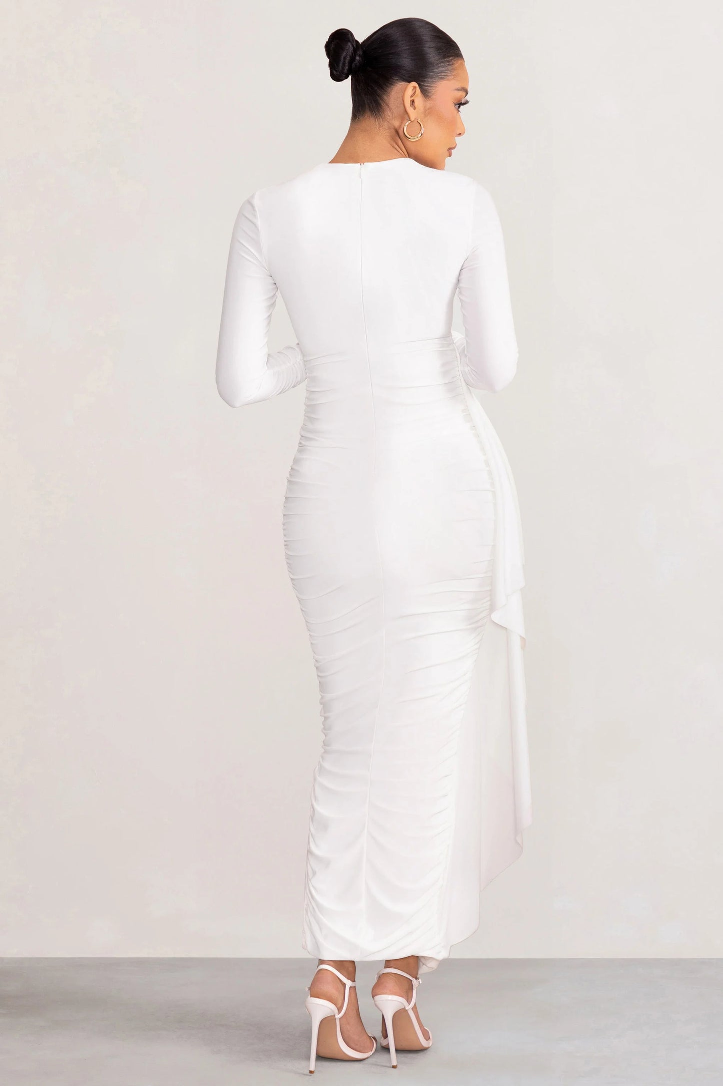 Kiara | White Long Sleeve Ruched Maternity Midi Dress with Frill Detail