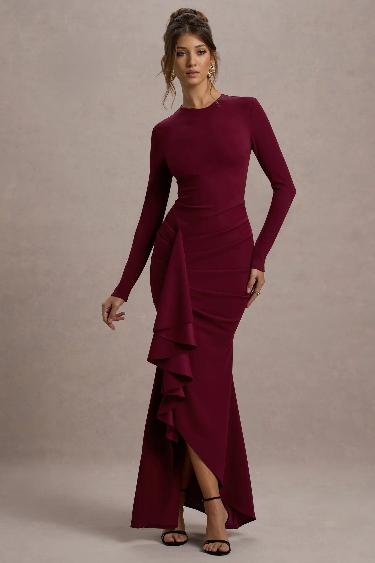 Alayna | Berry Long-Sleeve Maxi Dress With Ruffled Split