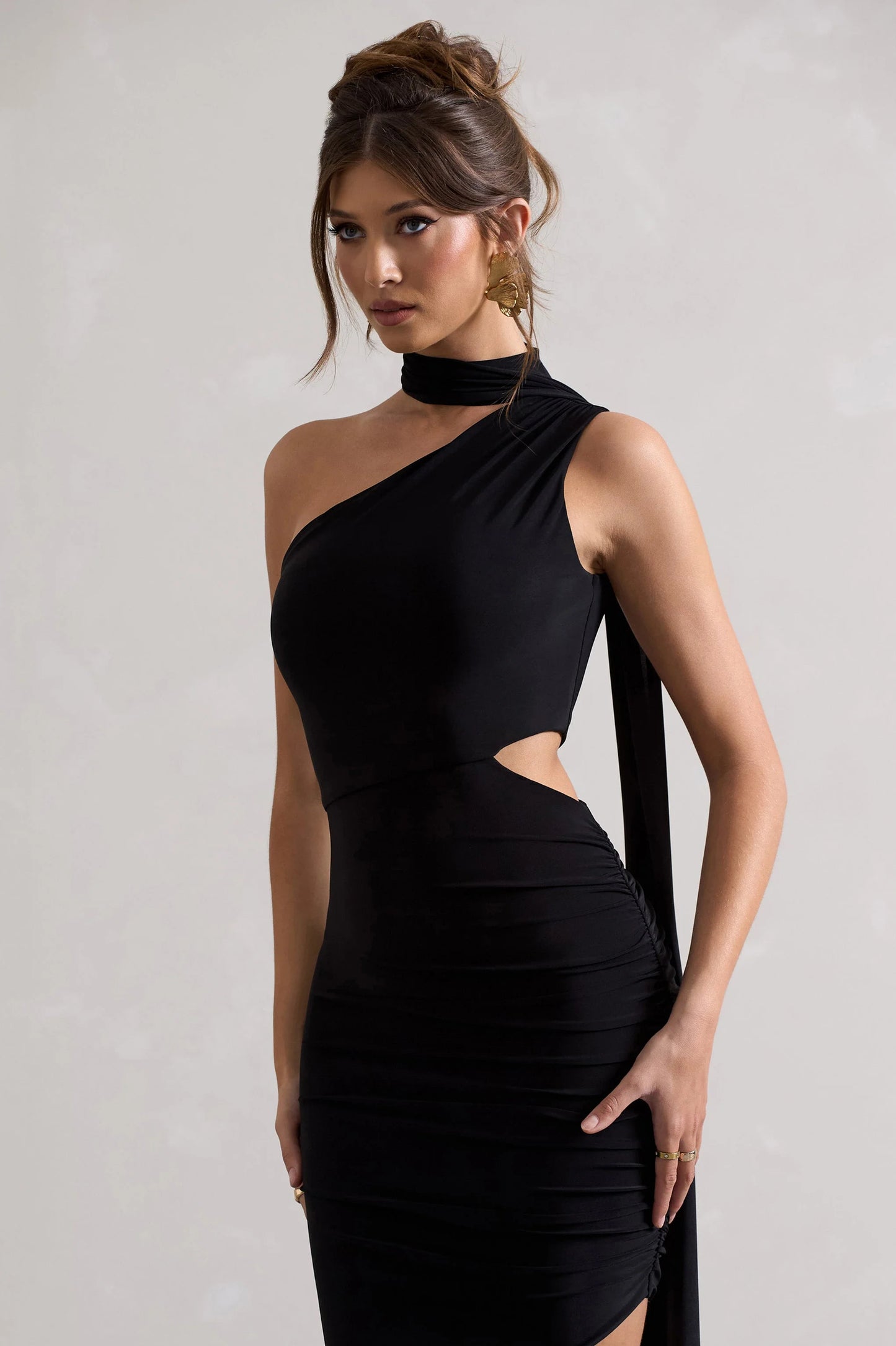 Icon | Black One Shoulder Cut-Out Maxi Dress With Scarf