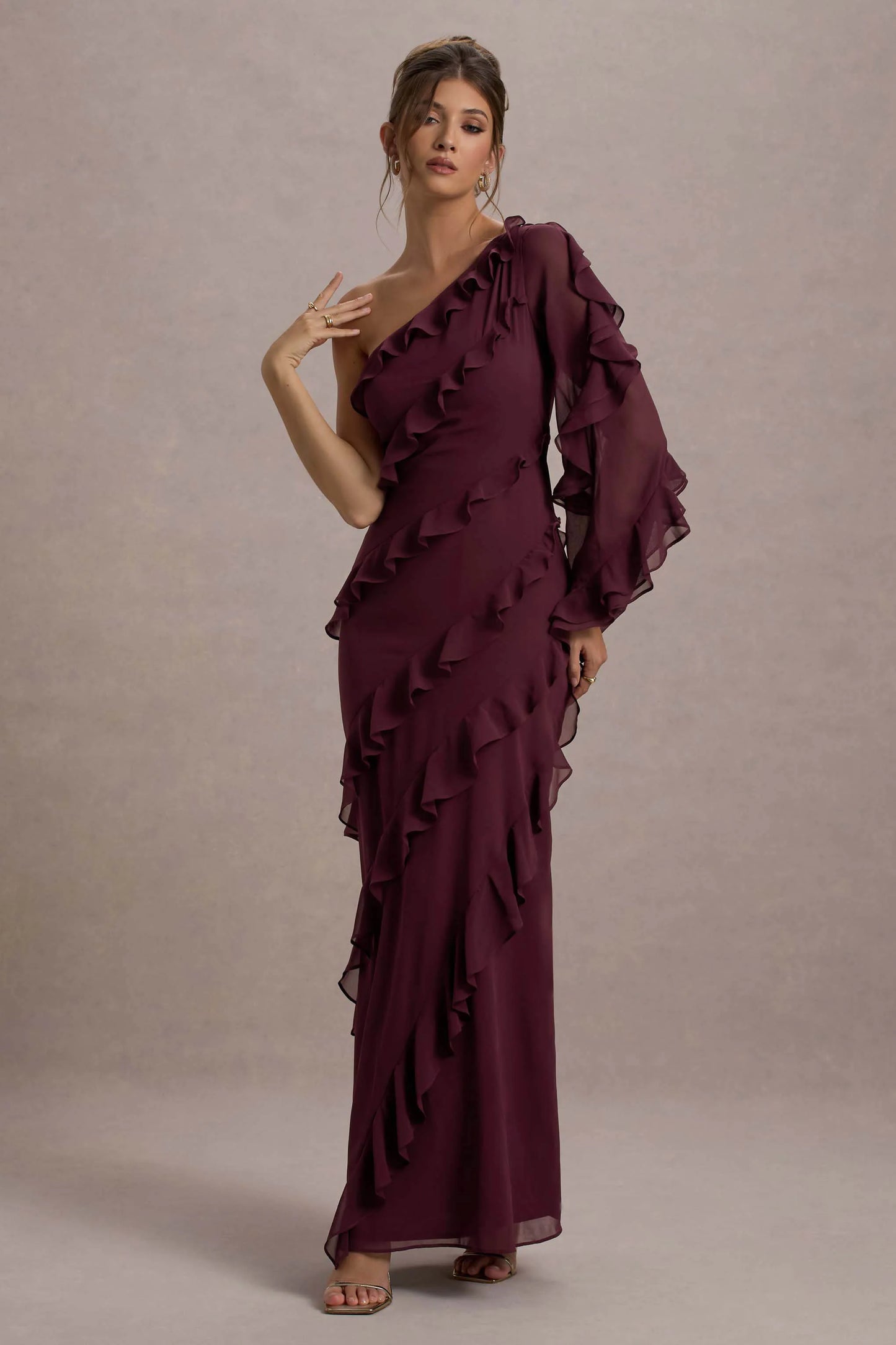 Lalika | Burgundy Asymmetric One-Sleeve Ruffle Maxi Dress