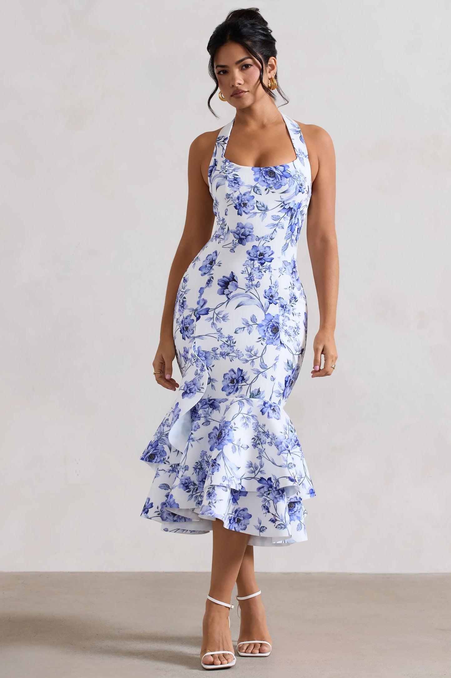 Arla | Blue Floral Halter-Neck Ruffle Trim Midi Dress