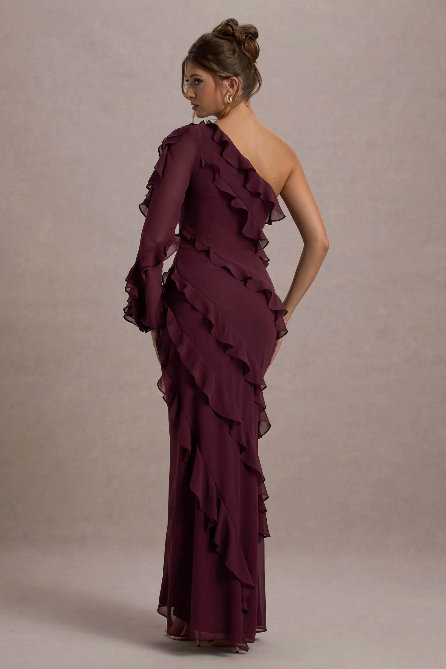 Lalika | Burgundy Asymmetric One-Sleeve Ruffle Maxi Dress