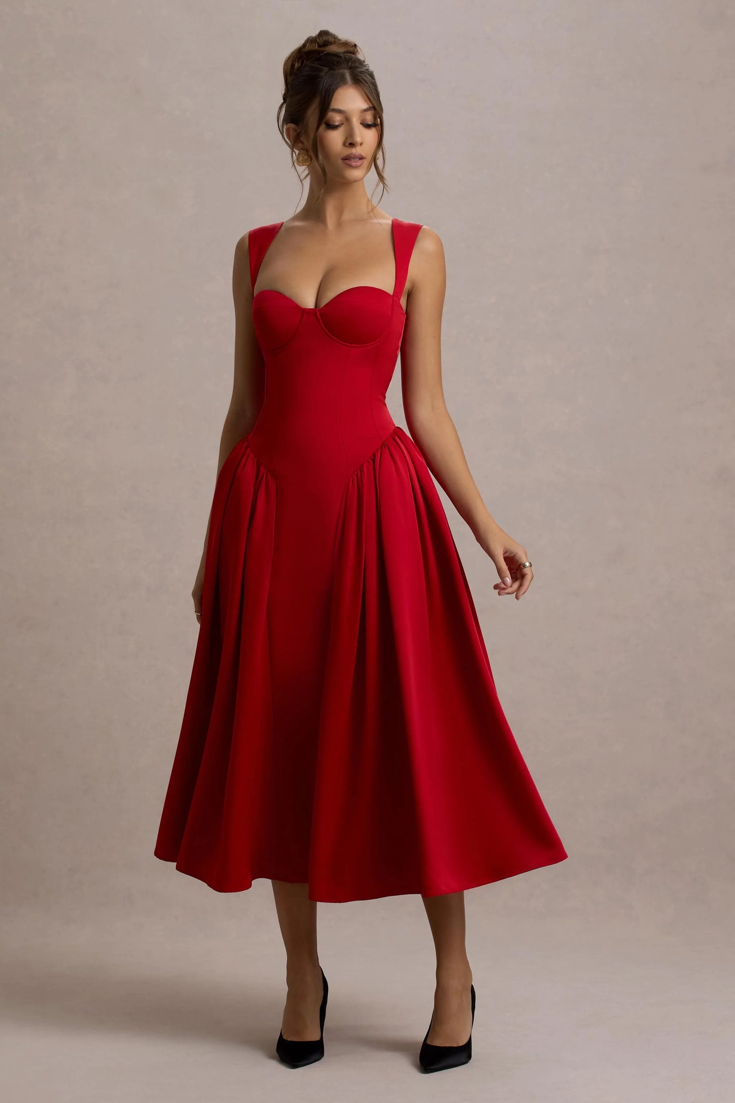 Covia | Red Satin Sweetheart Midi Dress