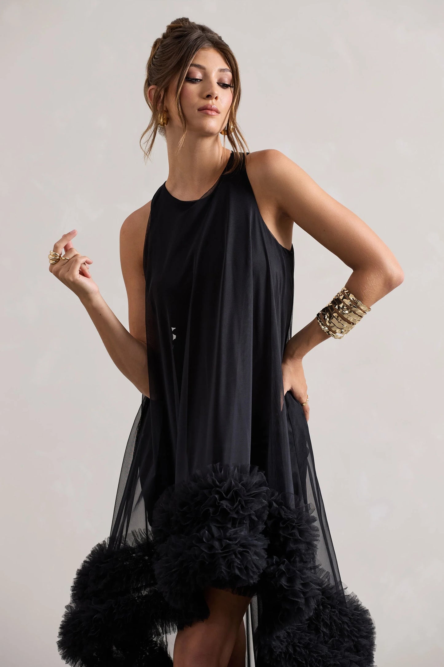 Lacie | Black Sleeveless Mini Dress With Tulle Overlay