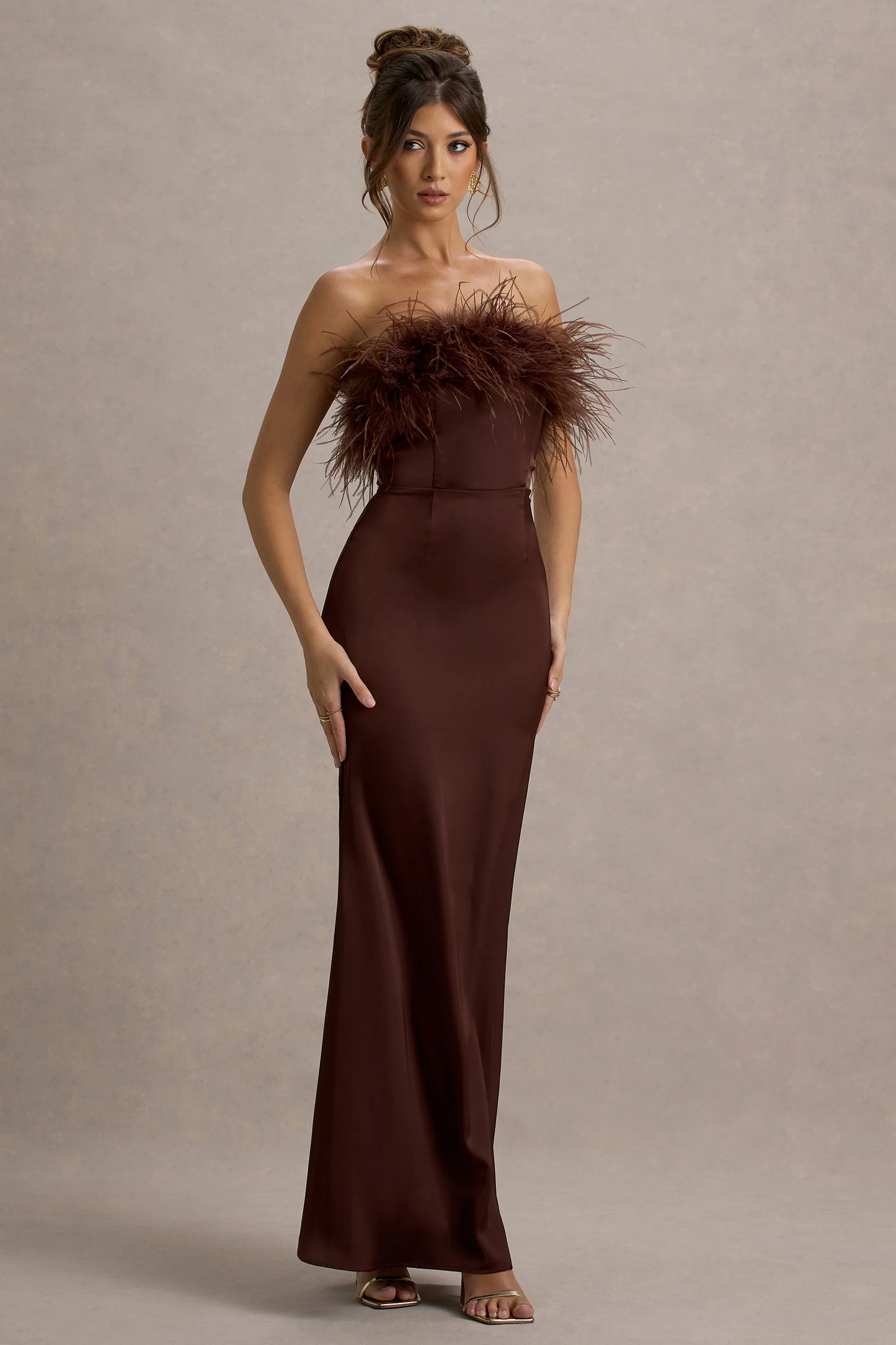 Dress For It | Brown Satin Feather Trim Bandeau Maxi Dress