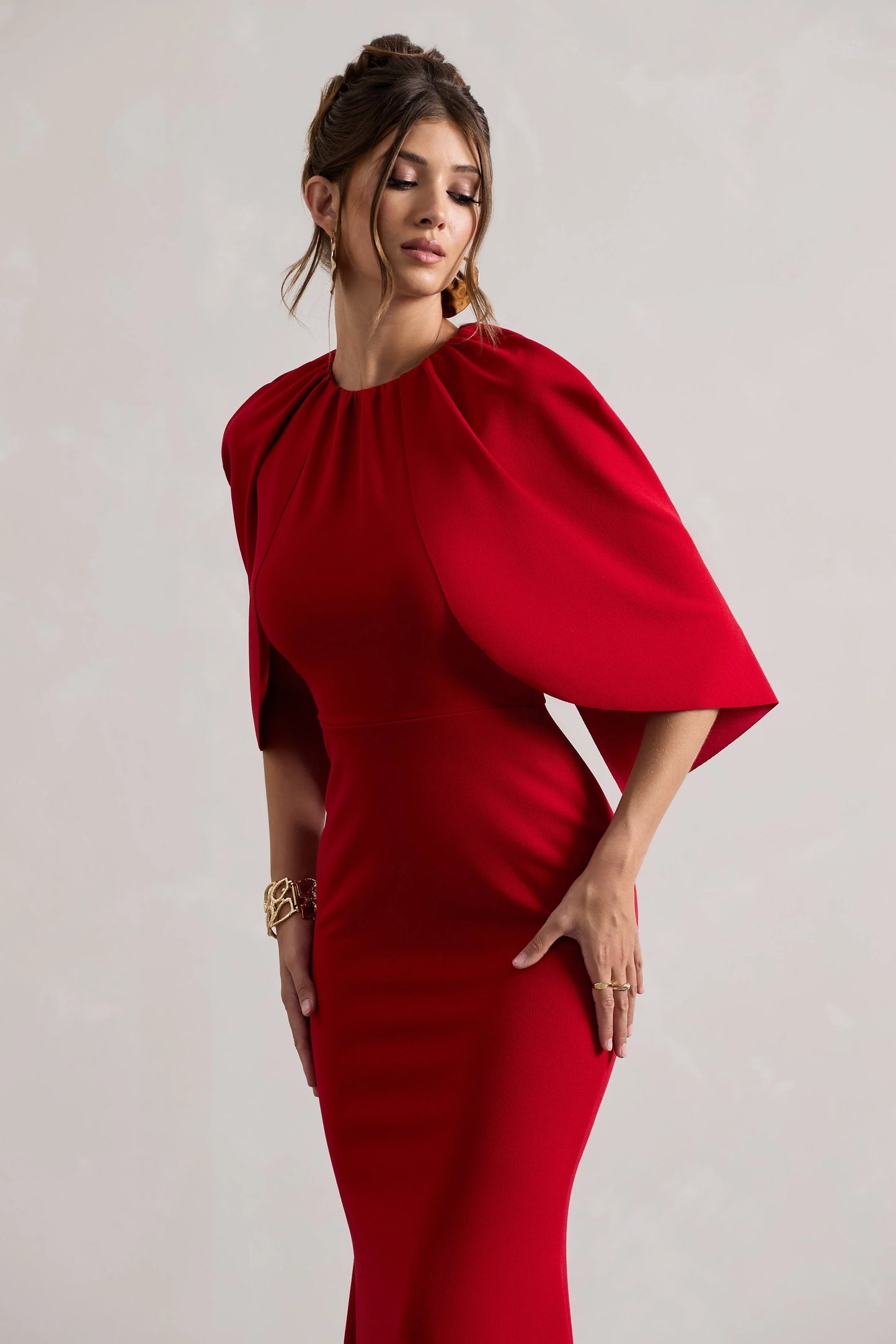 Kianne | Red Draped Short-Sleeve Maxi Dress