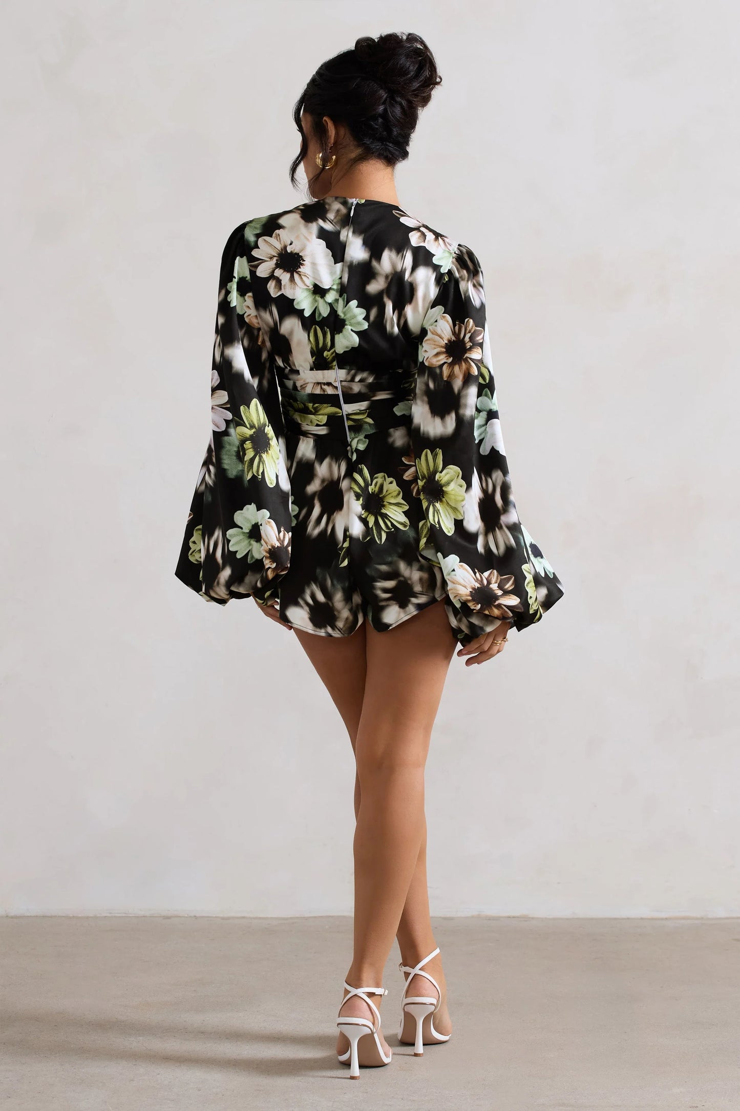 Katsura | Black Floral Print Satin Plunge-Neck Playsuit