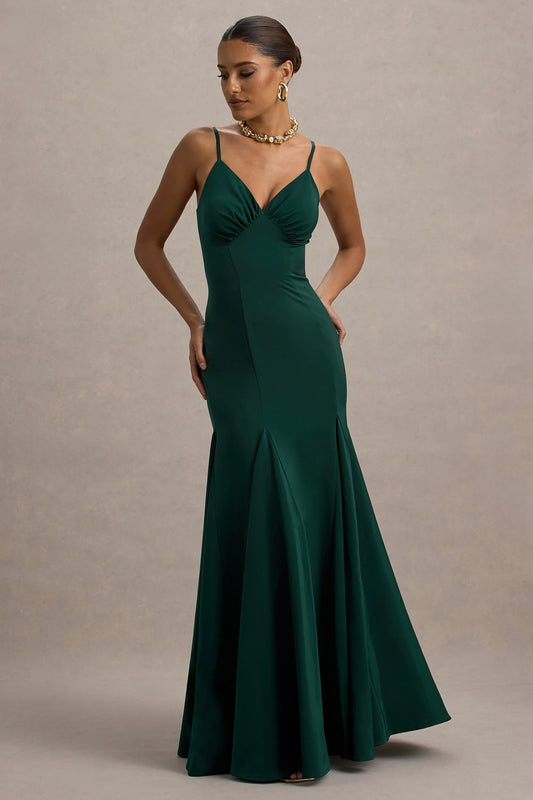 Ashly | Bottle Green Satin Maxi Dress With Volume Hem