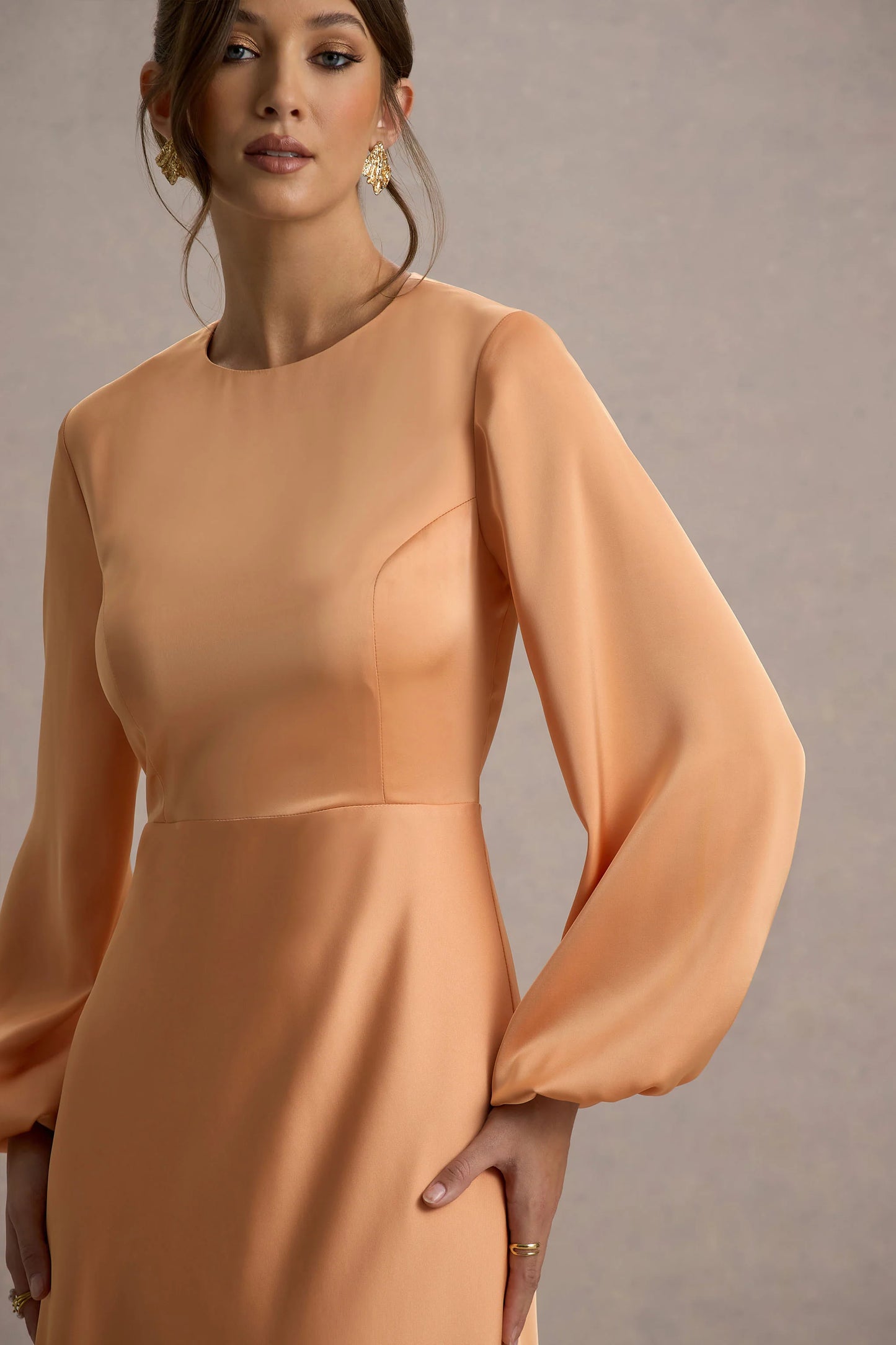 Crawley | Peach Satin Puff-Sleeve Maxi Dress