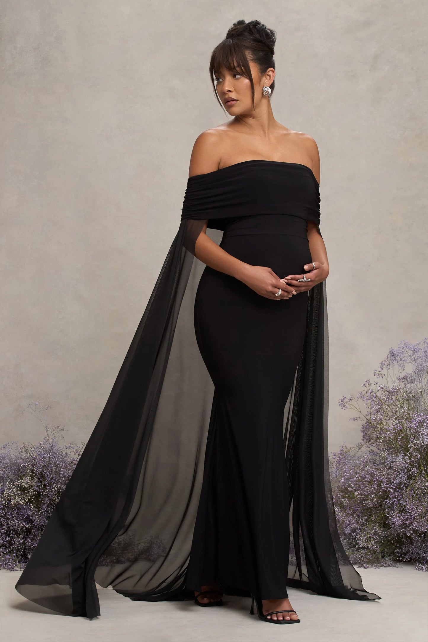 Carlotta | Black Bardot Maternity Maxi Dress With Chiffon Cape