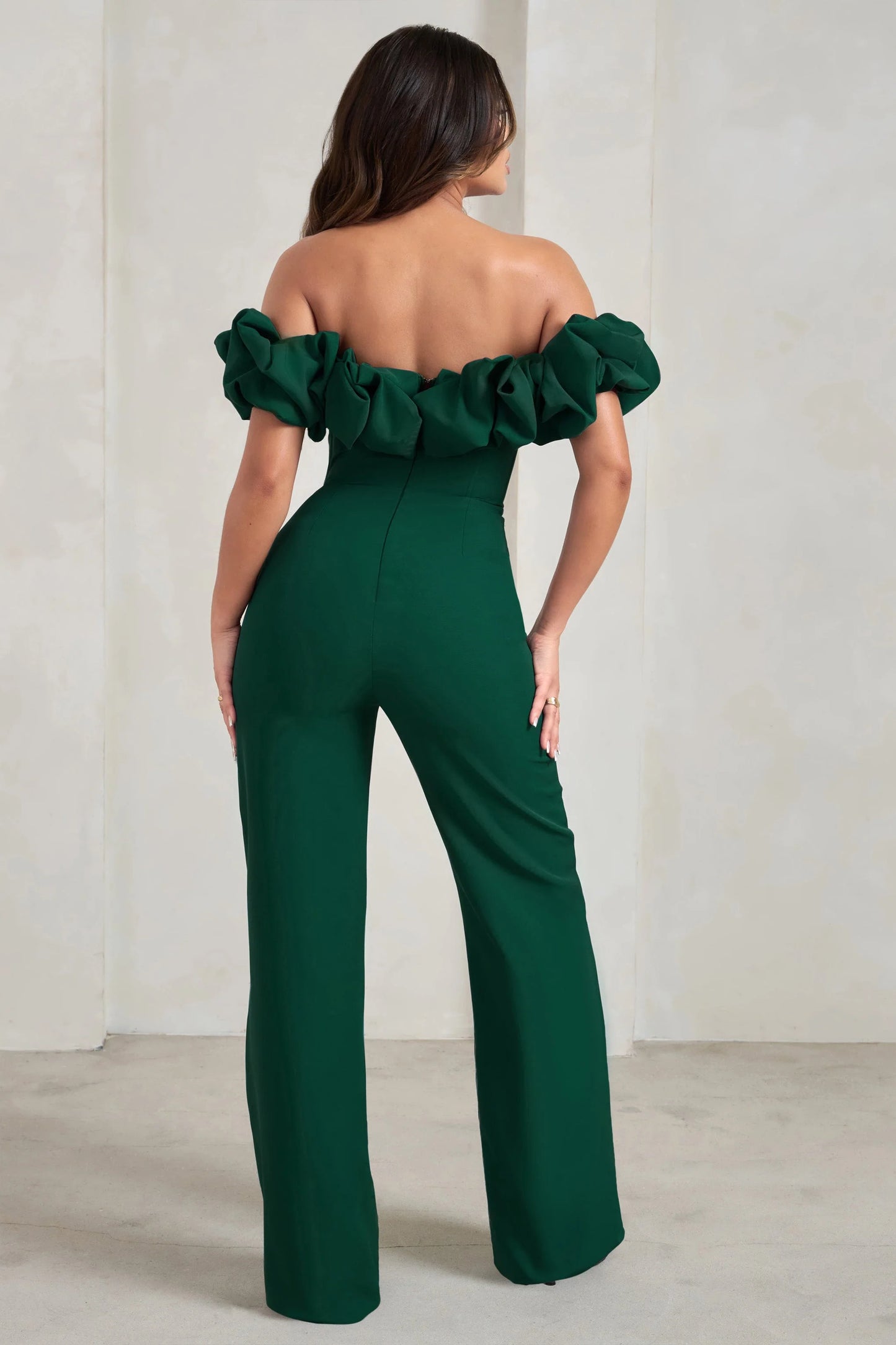 Esmie | Bottle Green Structured Statement Bardot Wide Leg Jumpsuit