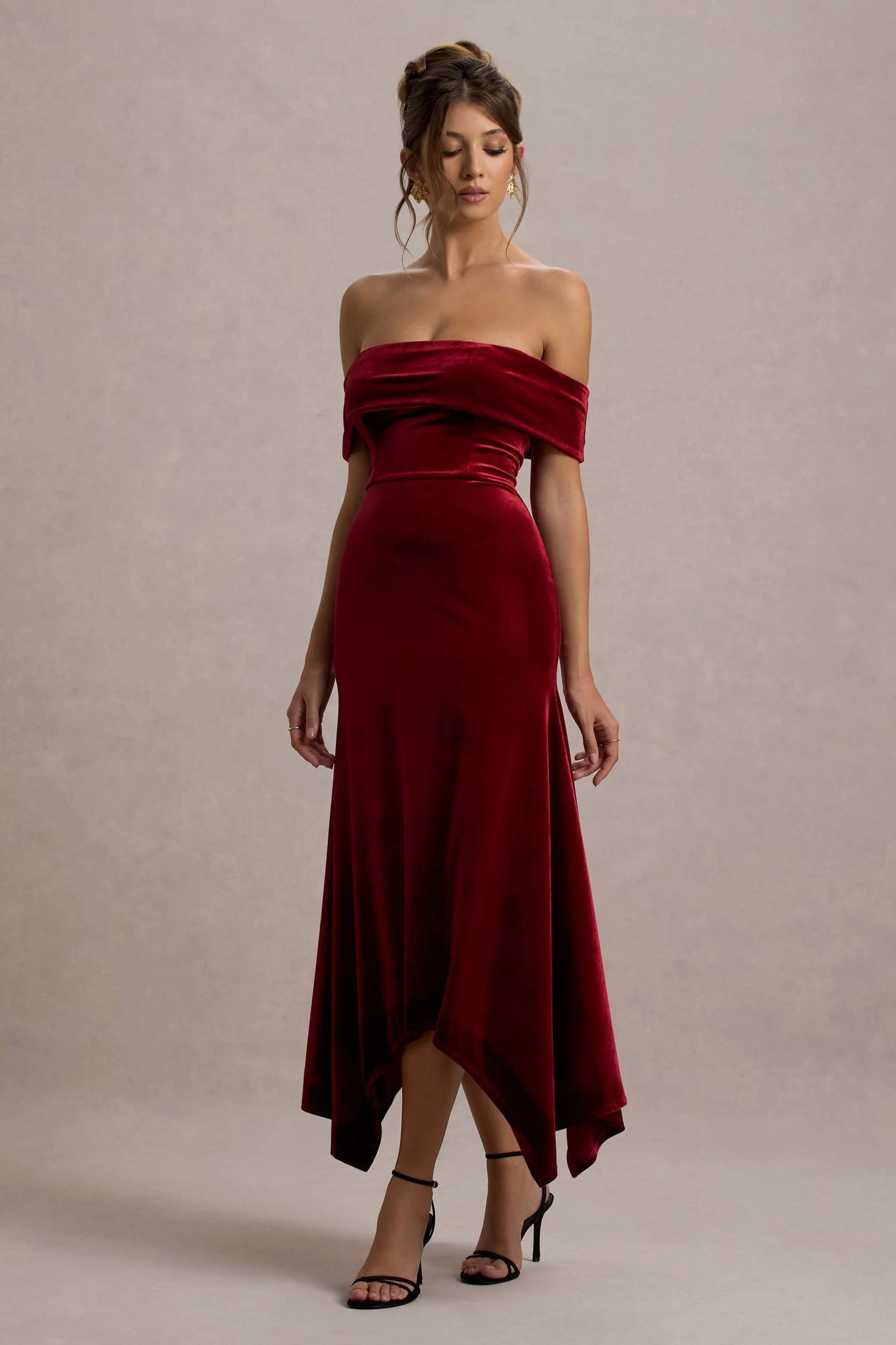 Halia | Berry Velvet Bardot Midi Dress