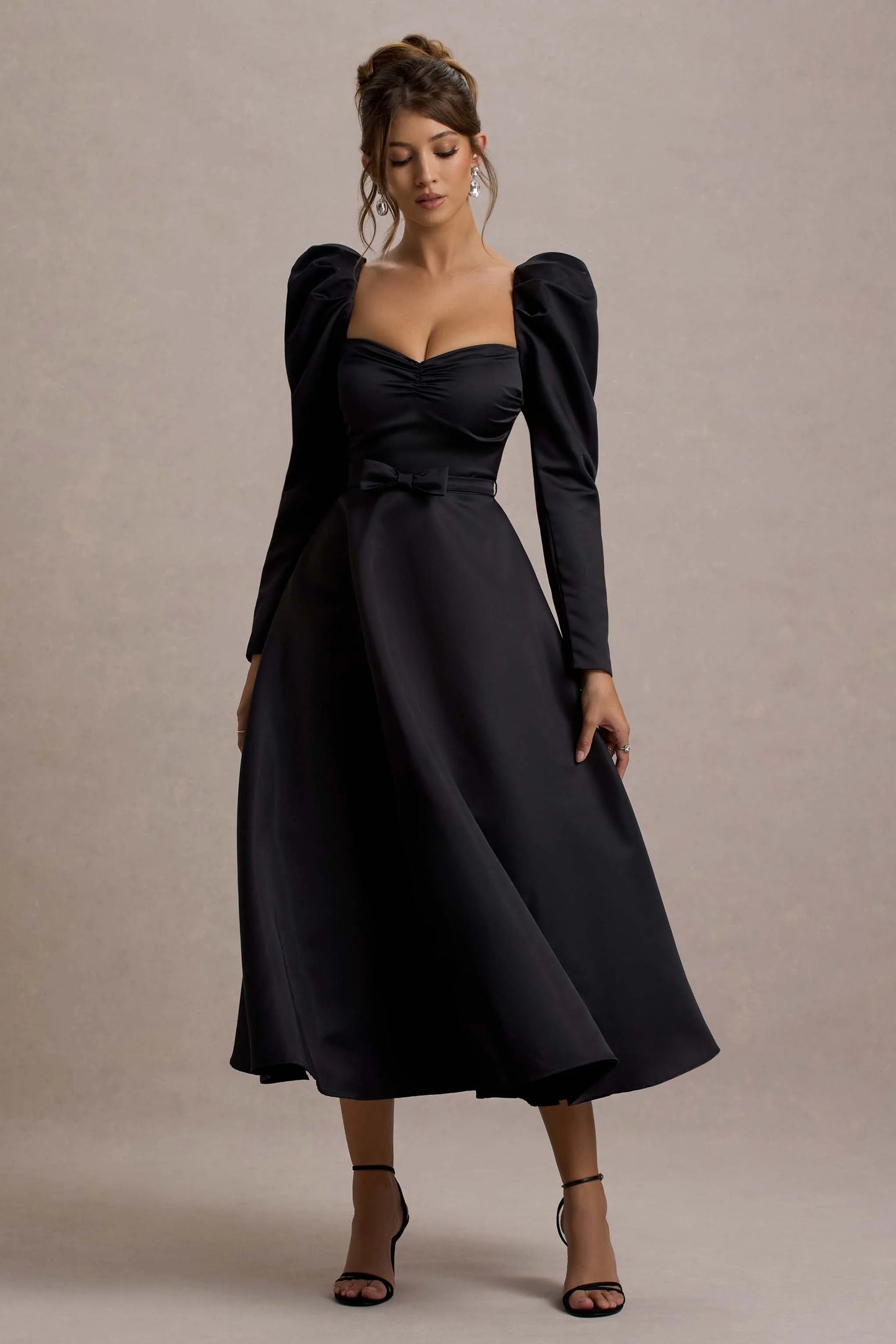 Kansas | Black Square-Neck Puff-Sleeve Belted Midi Dress