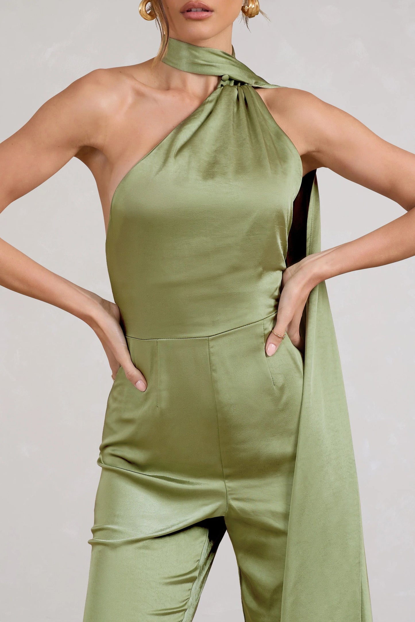 Cascada | Olive Green Satin Wide Leg Jumpsuit With Statement Scarf Neck