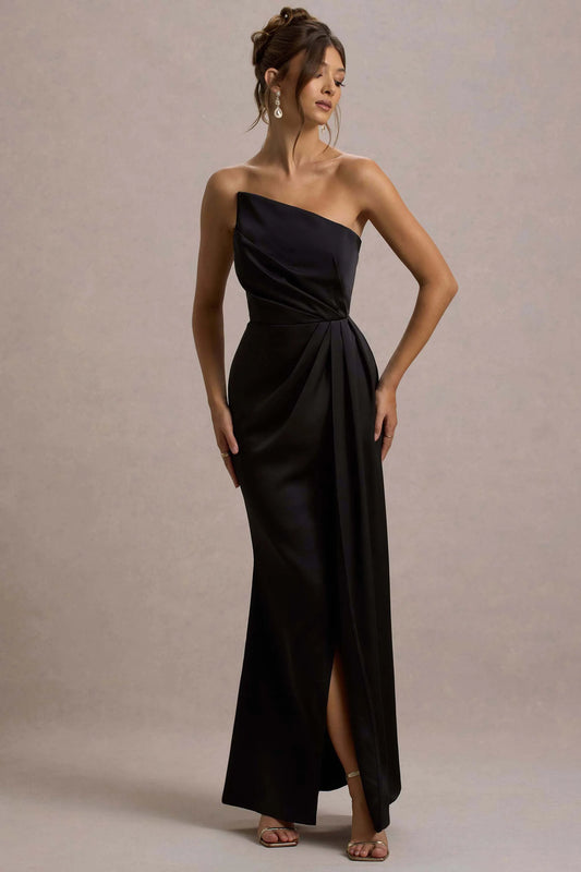 Cairo | Black Satin Strapless Draped Maxi Dress