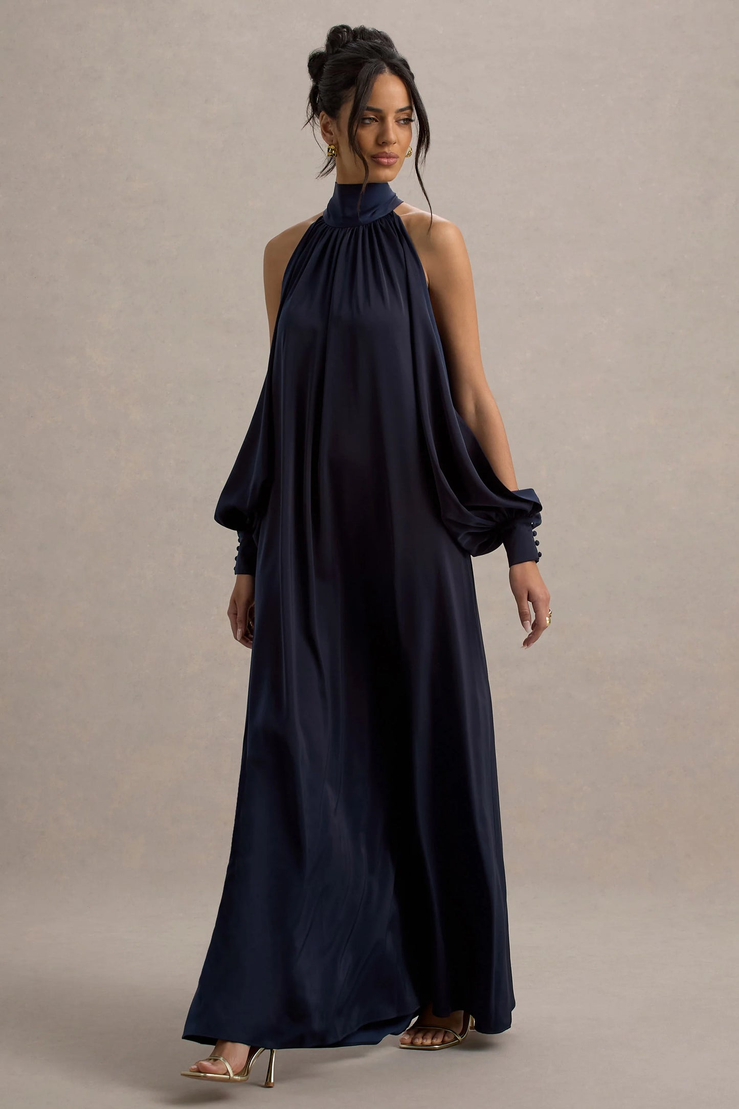 Baila | Navy Satin High-Neck Cape-Sleeve Maxi Dress