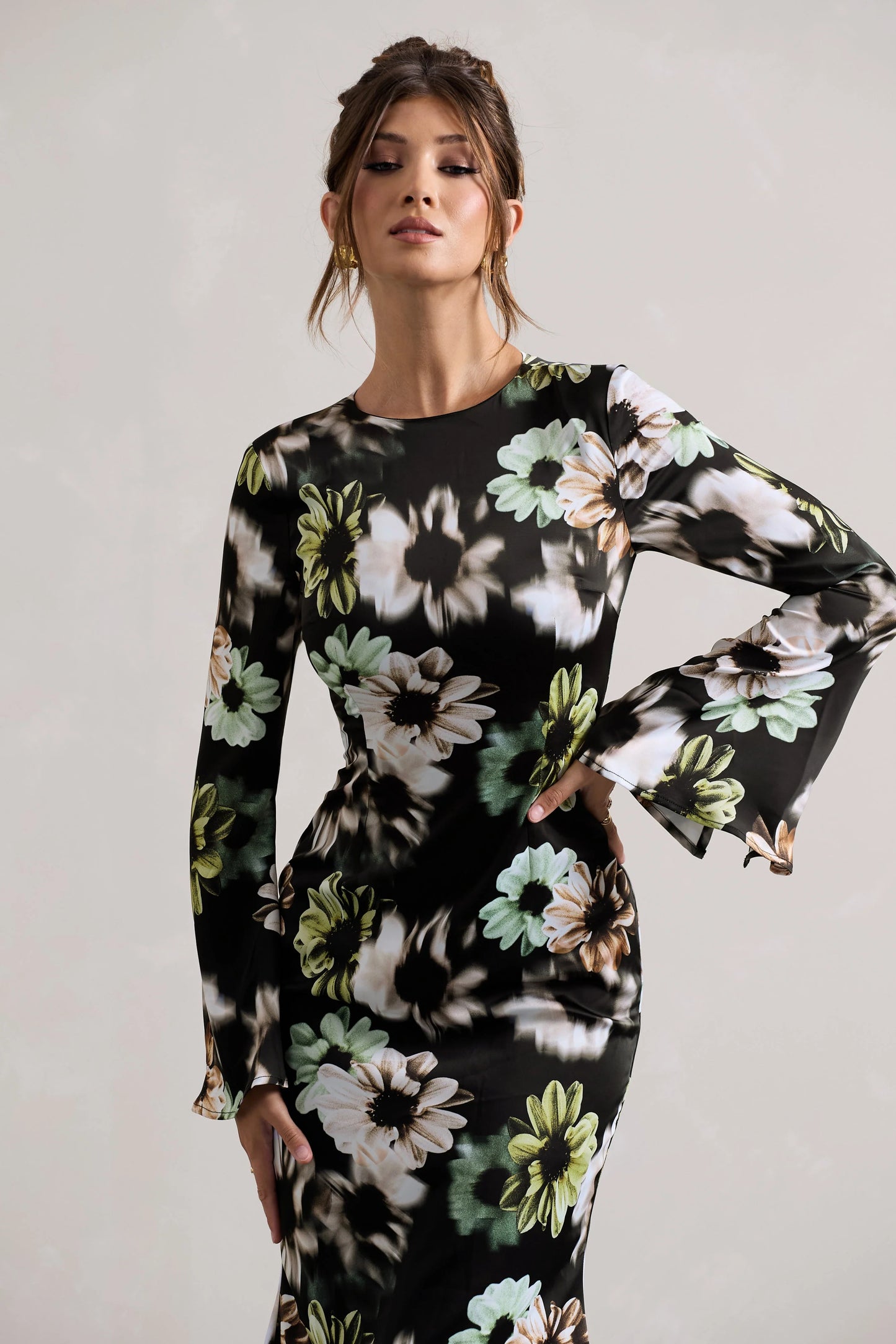 Arlitta | Black Floral Print Satin Long-Sleeve Midi Dress