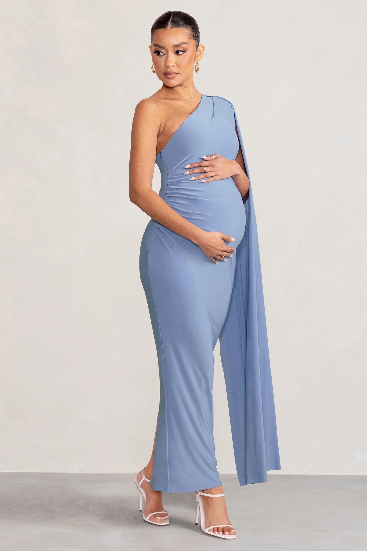 Amaryllis | Powder Blue Maternity One Shoulder Maxi Dress with Cape Sleeve