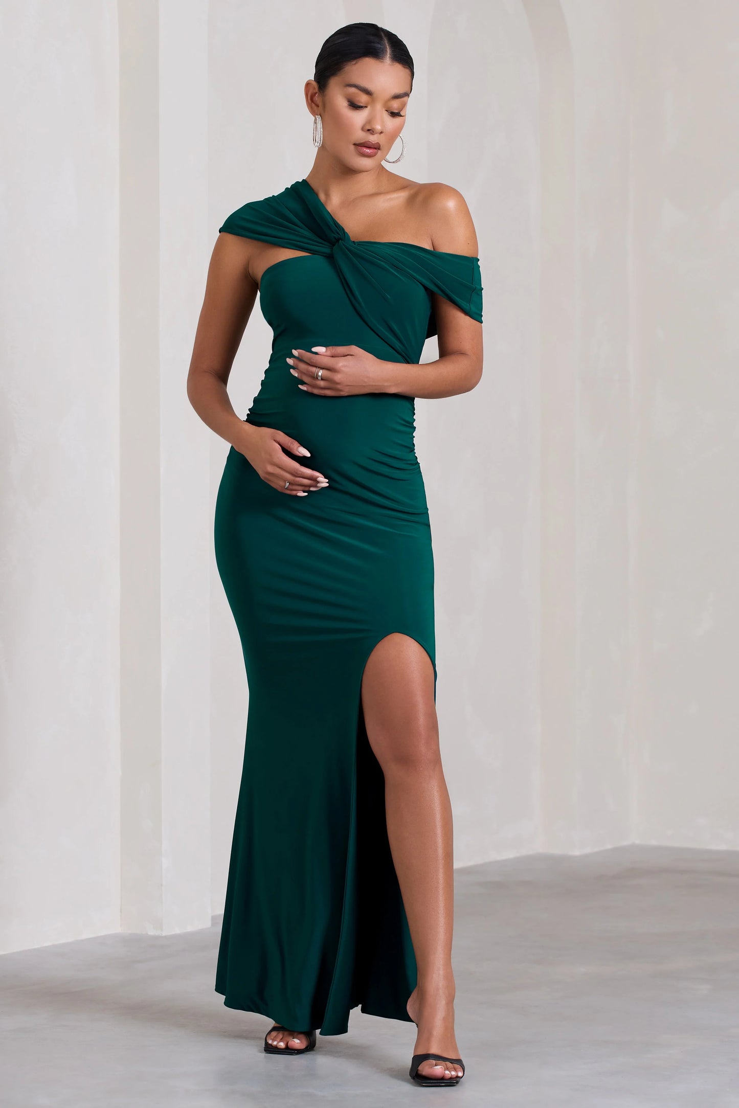 Kara | Bottle Green Asymmetric Twisted Bardot Split Maternity Maxi Dress