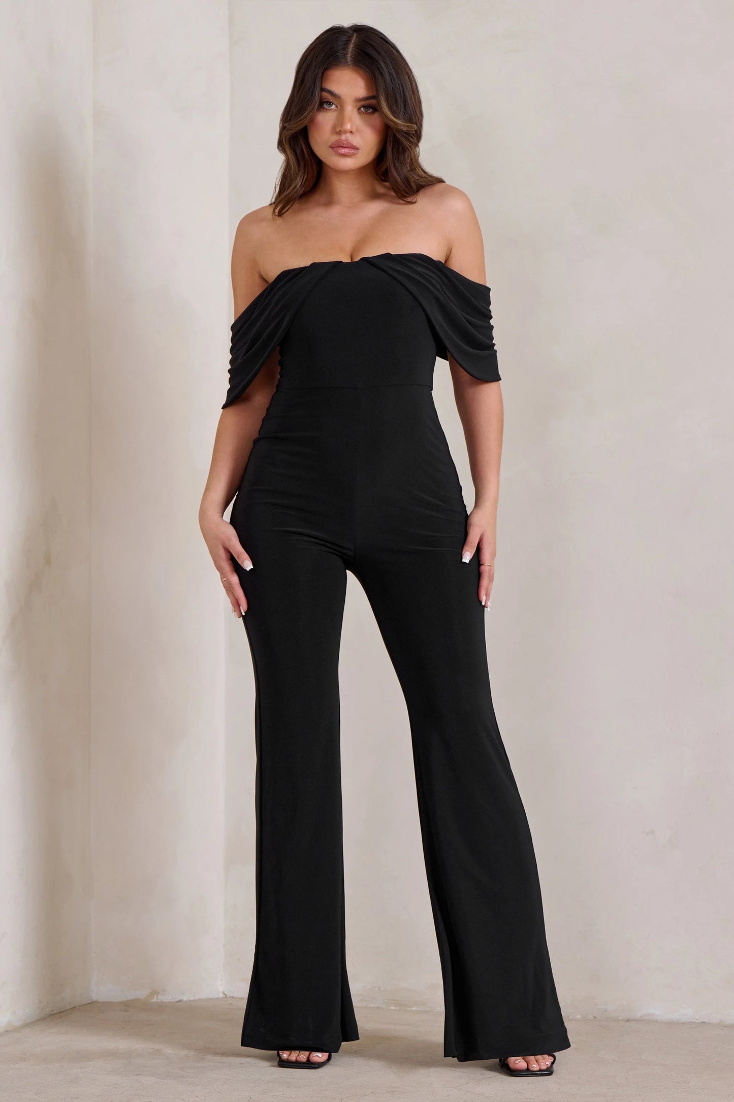 Bonnie | Black Bardot Drape Sleeve Jumpsuit