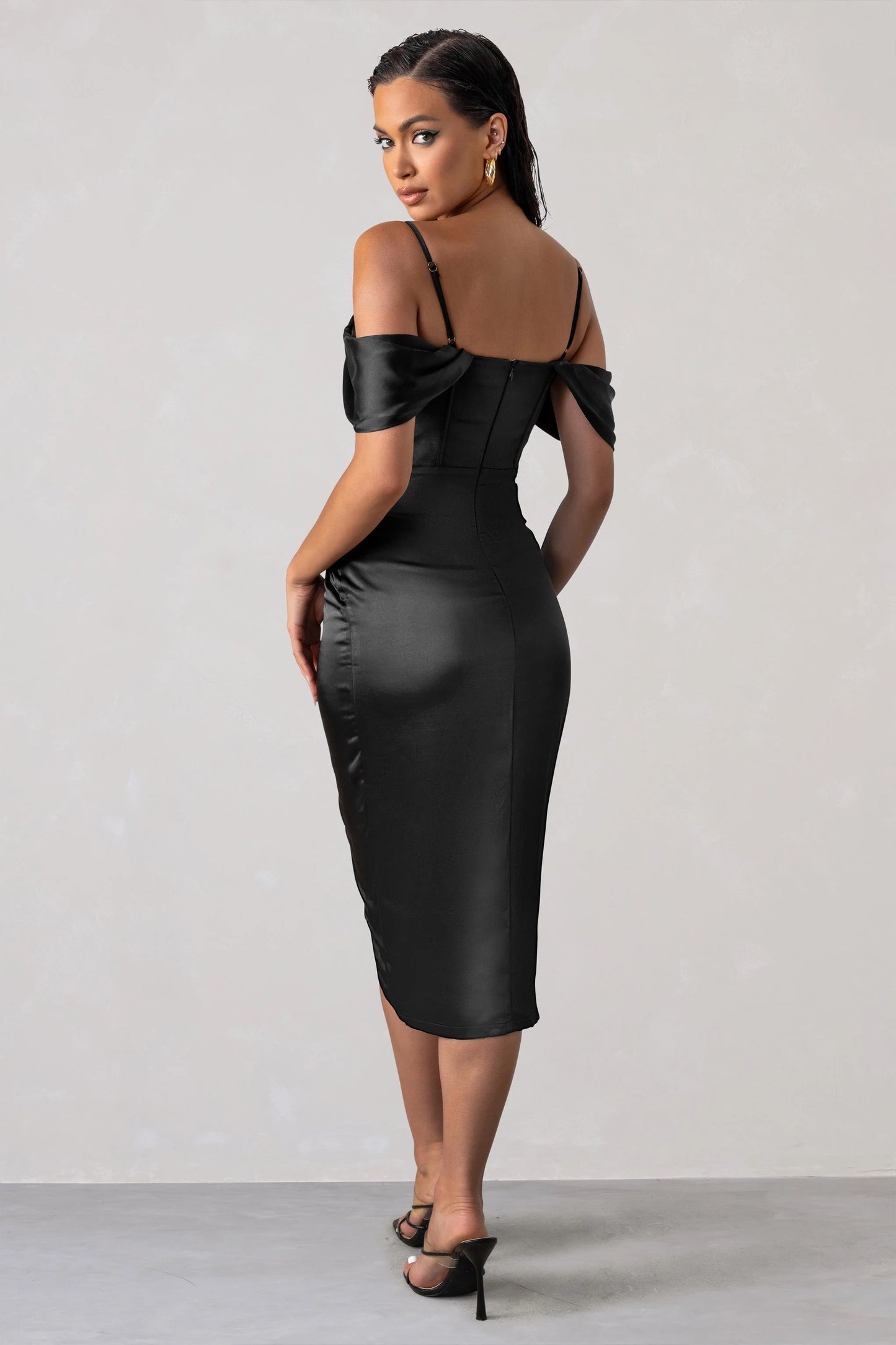 Deserving | Black Satin Bardot Sleeve Corset Wrap Midi Dress