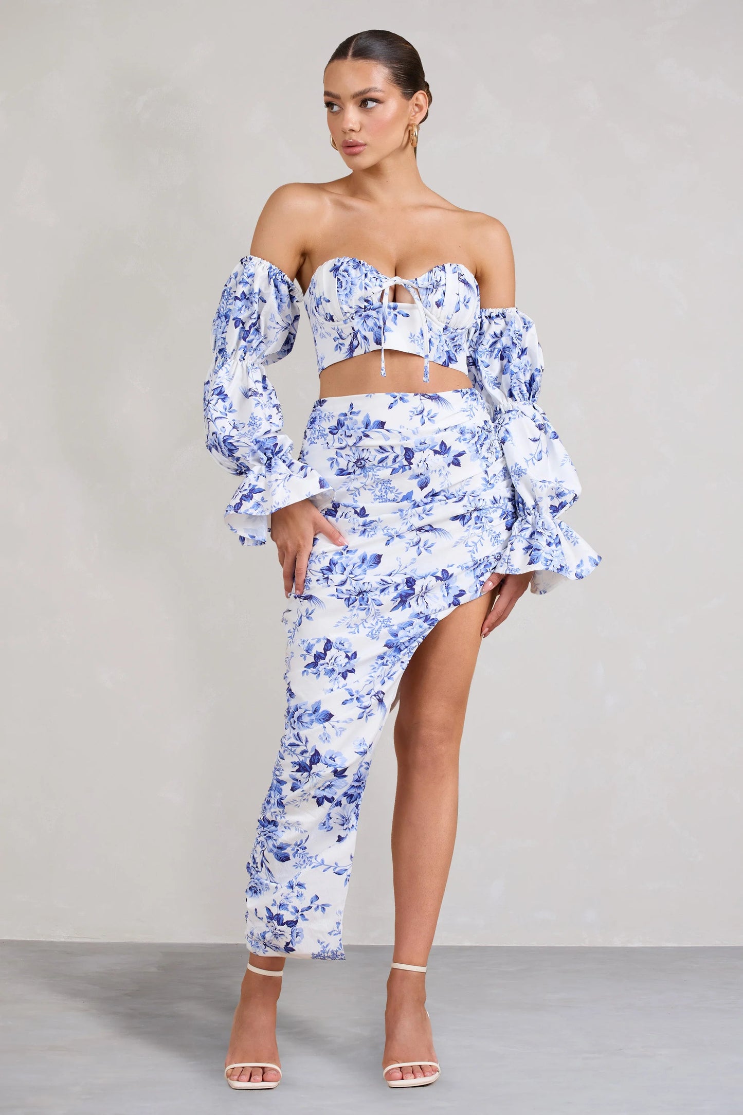 Holiday | Blue Floral Ruched Asymmetric Maxi Skirt