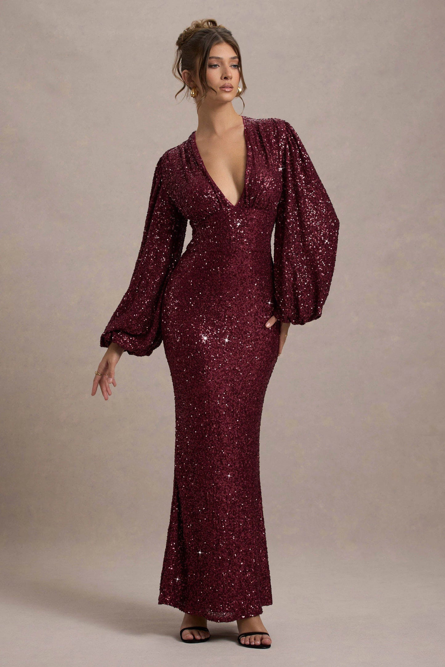 Kaelin | Berry Sequin Plunge-Neck Maxi Dress