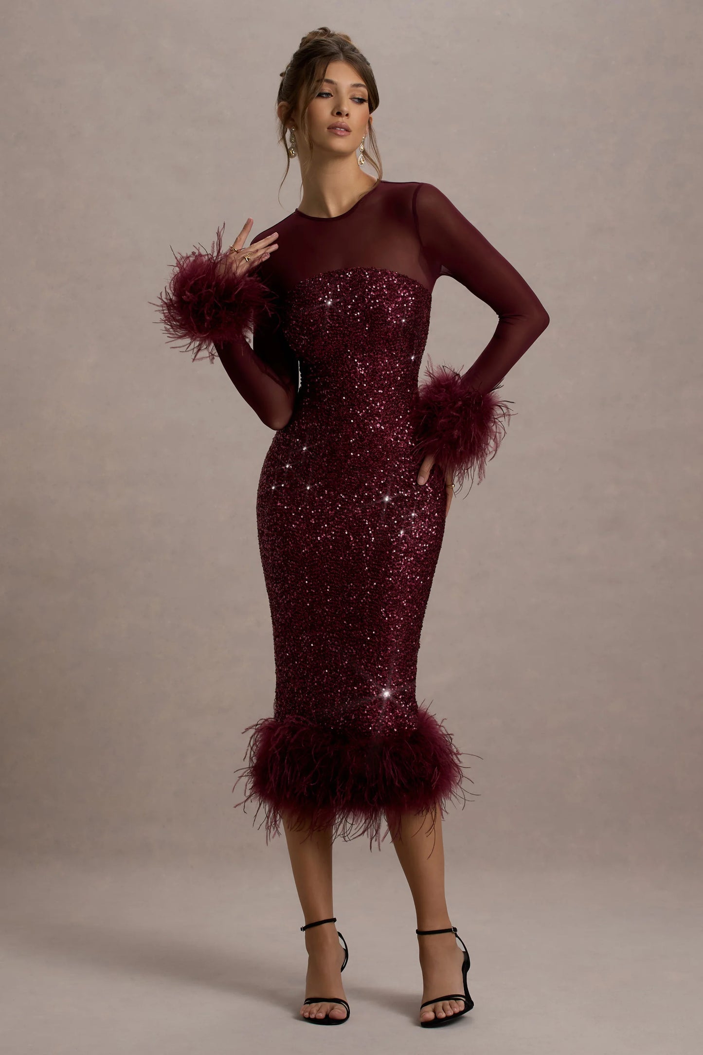 Afterglow | Port Sequin Long-Sleeve Midi Dress With Feather Trims