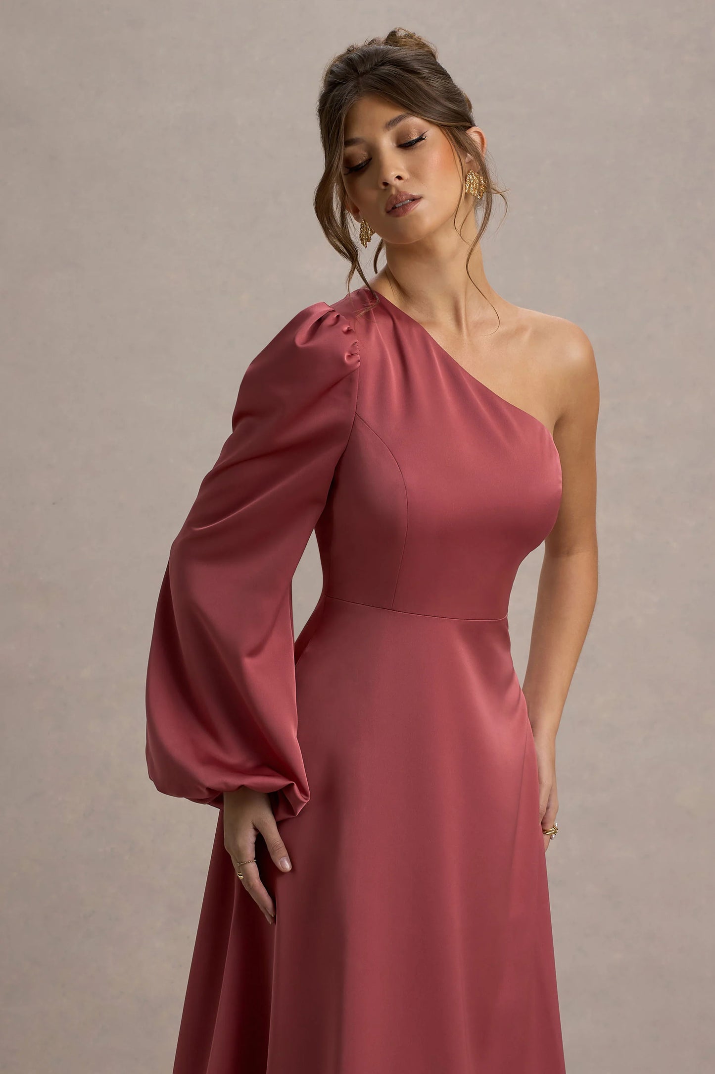 Haila | Rose Pink Satin One-Shoulder Maxi Dress