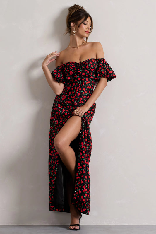 Lenna | Black & Red Floral Bardot Buttoned Split Maxi Dress