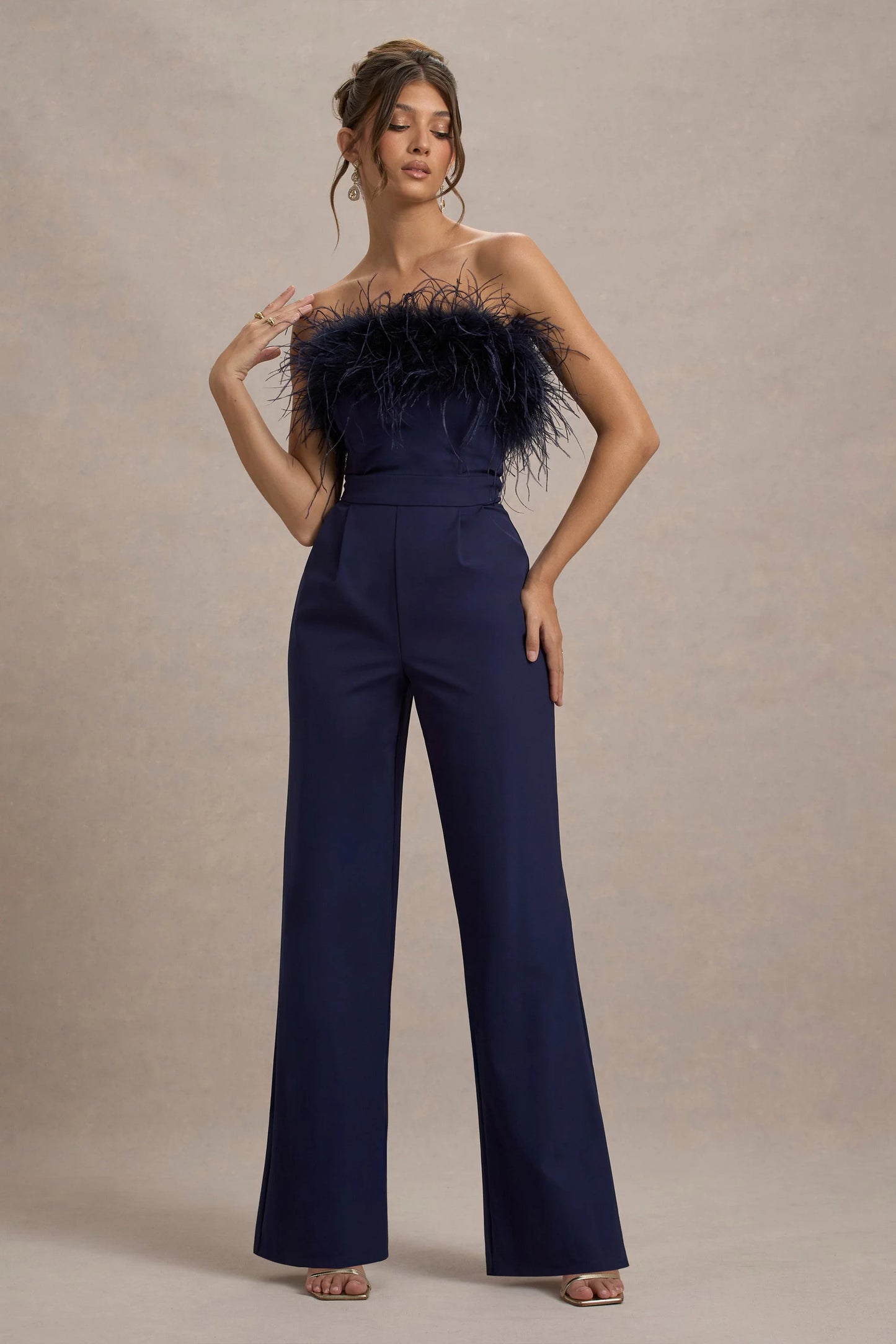 First Class | Navy Bandeau Feather Wide Leg Jumpsuit