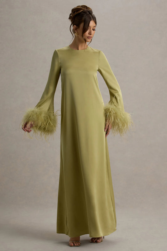 Adella | Light Green Satin Feather-Trim Maxi Dress