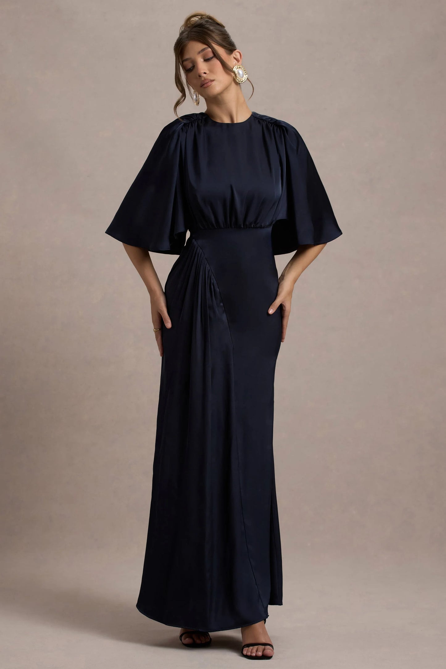 Cinder | Navy Satin Gathered Maxi Dress